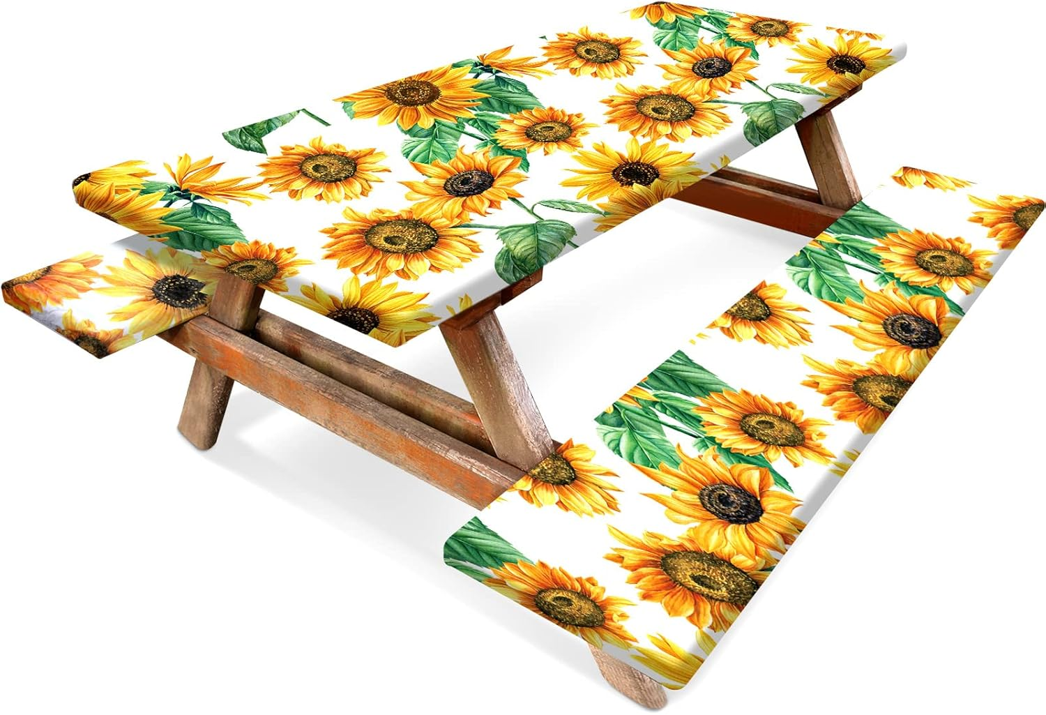 3 Pcs Vinyl Picnic Table Cover with Bench Cover 6 Ft 30 X 72 Inch Waterproof Fitted Tablecloth Flannel Backing Rectangular Elastic Edged for Camping Outdoor Patio Travel(Sunflower)