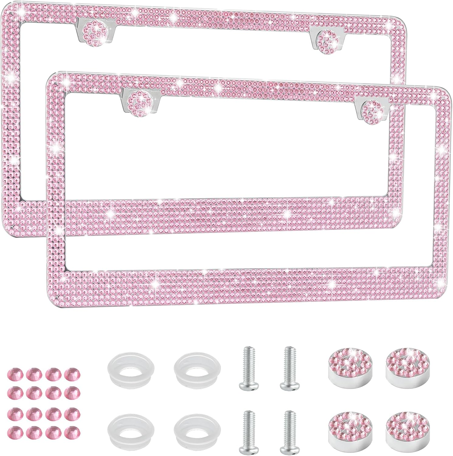 2 Pack Bling Rhinestone License Plate Frames Pink