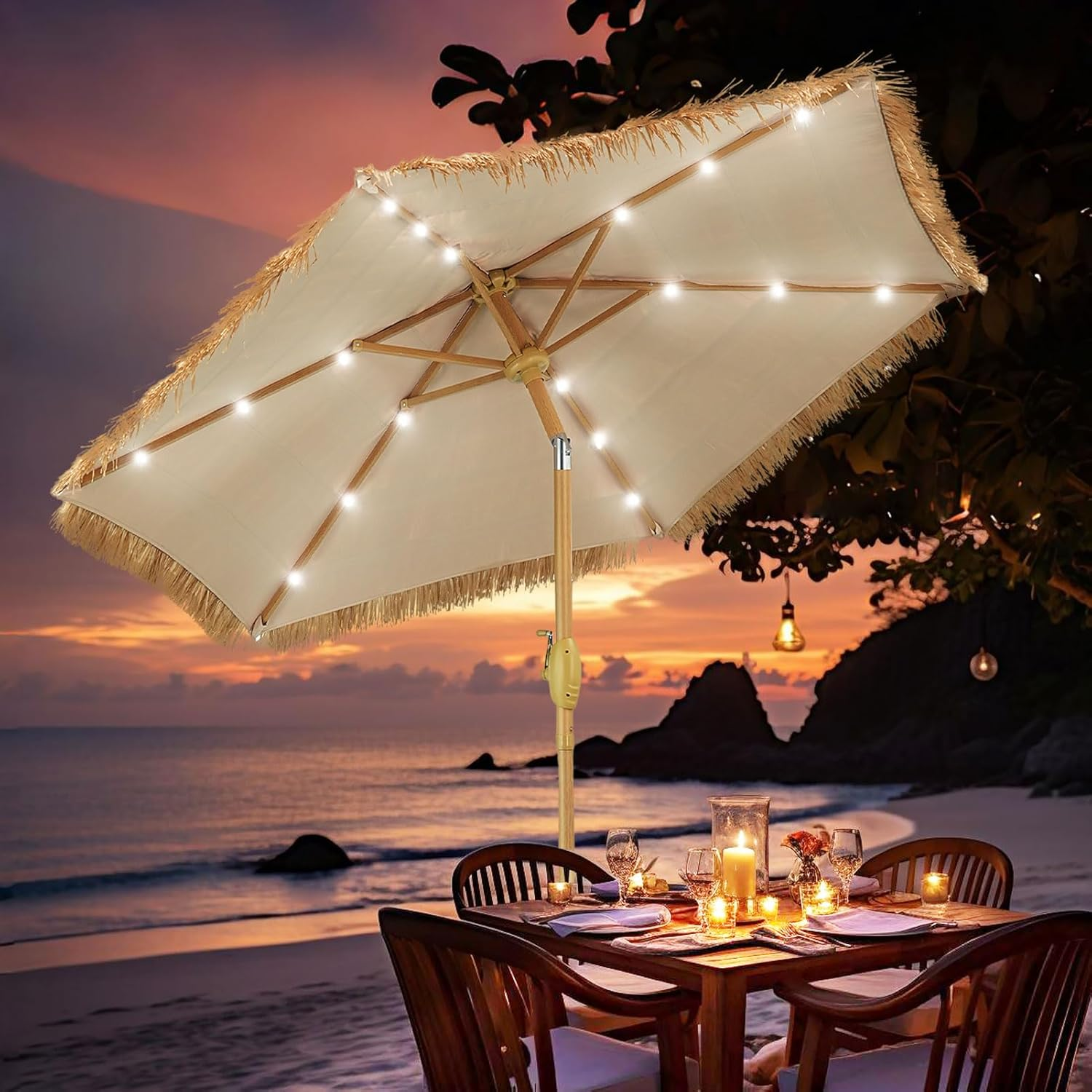 GDY 7.5Ft Tiki Patio Umbrella with 18 LED Lights, Outdoor Table Umbrella with Crank, Market Umbrellas for Garden, Beach, Deck, Backyard & Pool