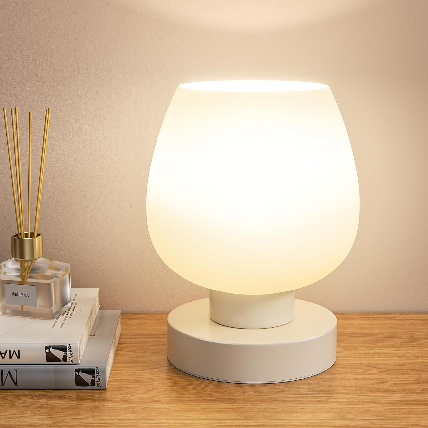 Touch Table Lamp for Nightstand - Small Bedside Lamp for Bedroom Living Room Night Stands, Desk Lamp with White Glass Shade for Small Spaces, 3 Way Dimmable, LED Bulbs, Gifts
