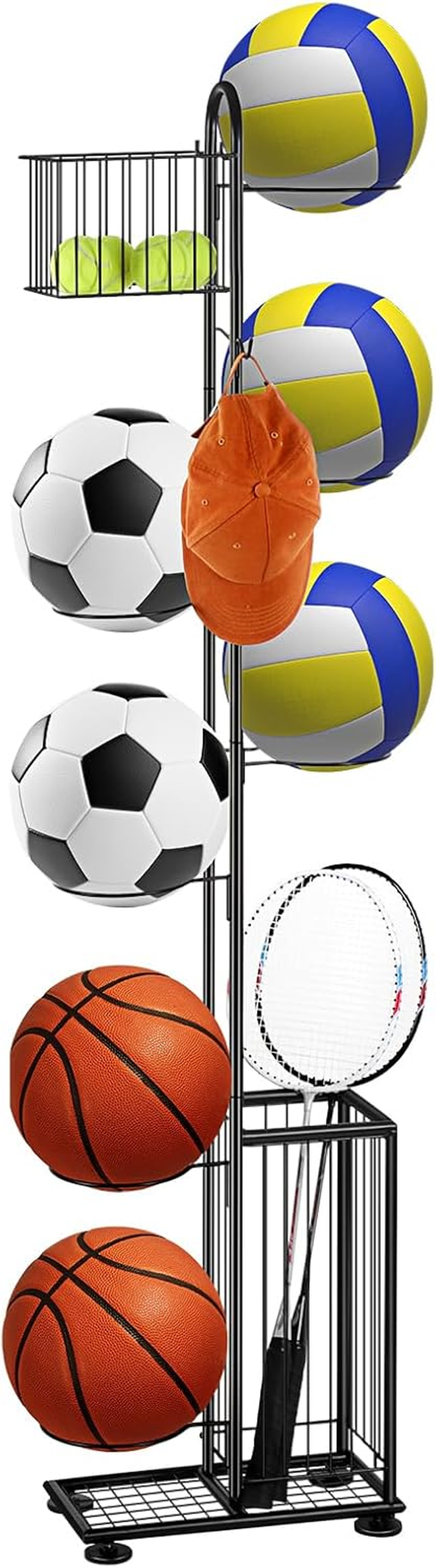 7 Tier Basketball Ball Storage Rack, Freestanding Basketball Holder Garage Ball Storage Sport Organizer Rack with Basket for Volleyball Football Basketball, Indoor/Outdoor