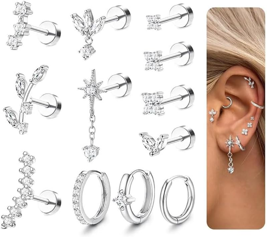 12PCS 16G Cartilage Earrings Flat Back Surgical Steel Helix Tragus Set