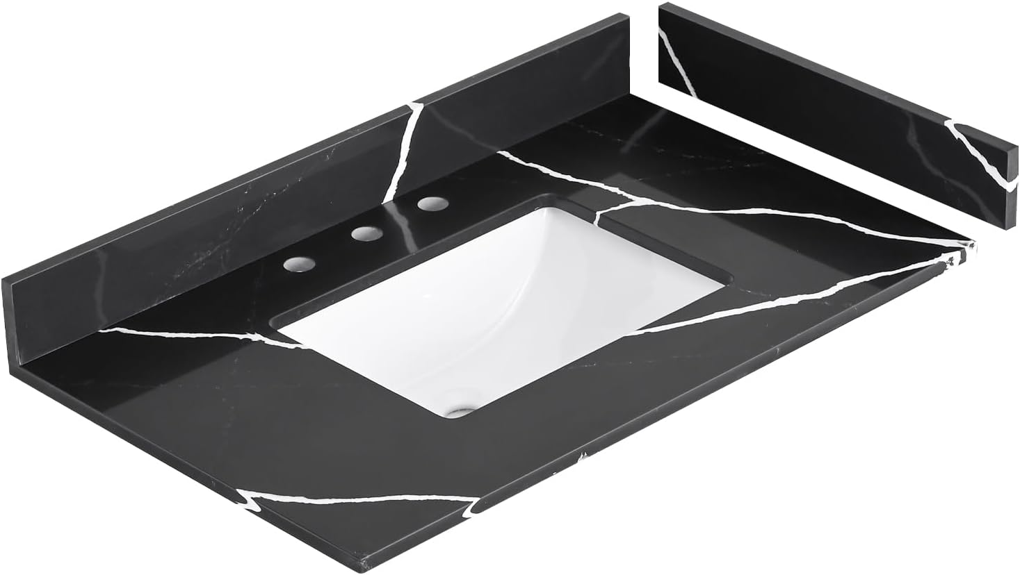 36 In. W X 22 in D Quartz Vanity Top in Black Marquina,With One Sidesplash & One Backsplash, Vanity Sink Top with Assembled Single Drop-In Sink, Pre-Drilled 8 Inch Faucet Hole Countertop