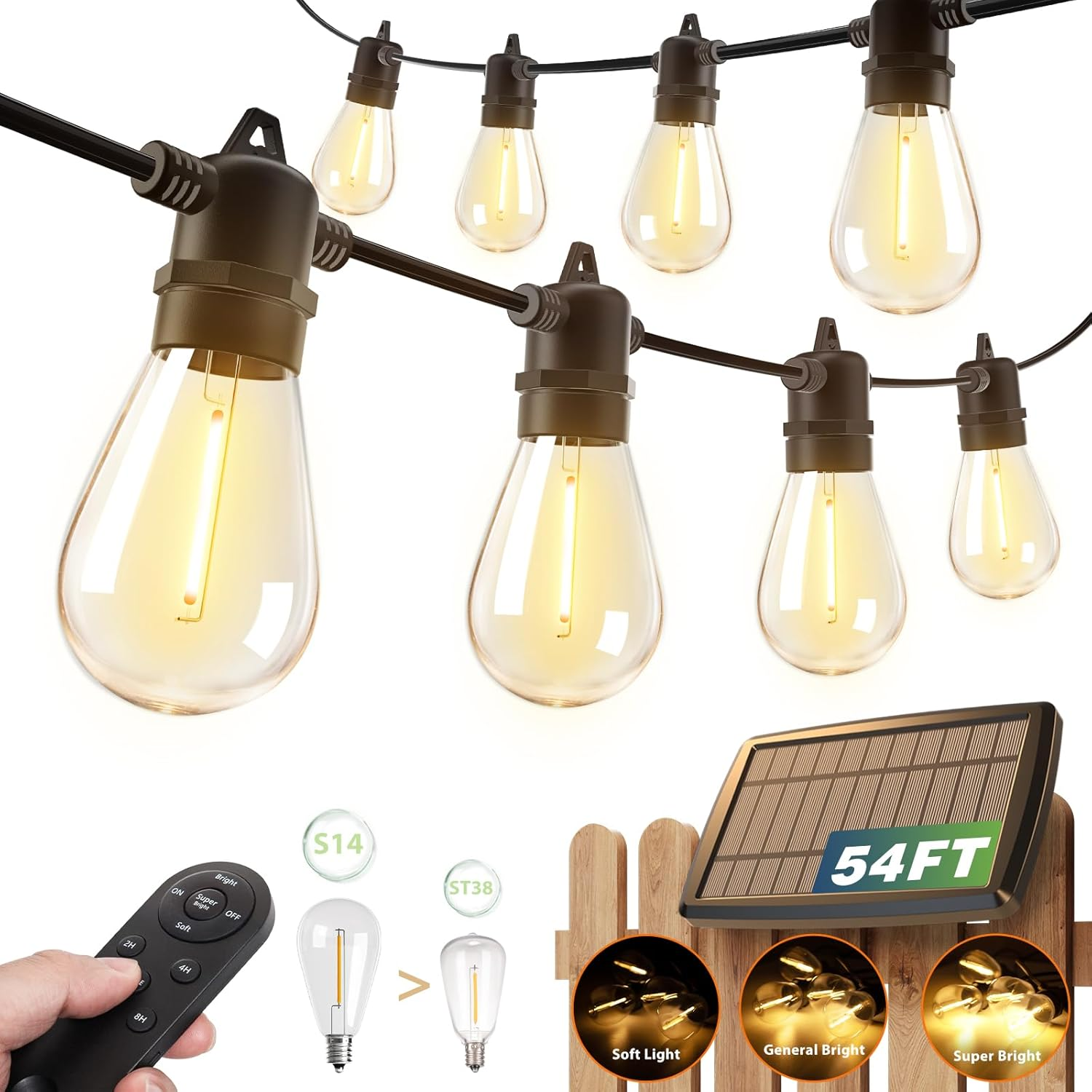 Addlon 54FT(48+6) Solar String Lights Outdoor Waterproof with USB Charging & Remote Control - Dimmable Solar Power Patio Lights with LED Bulbs for Porch, Garden, Yard, Market, Bistro - Last for 20+Hrs