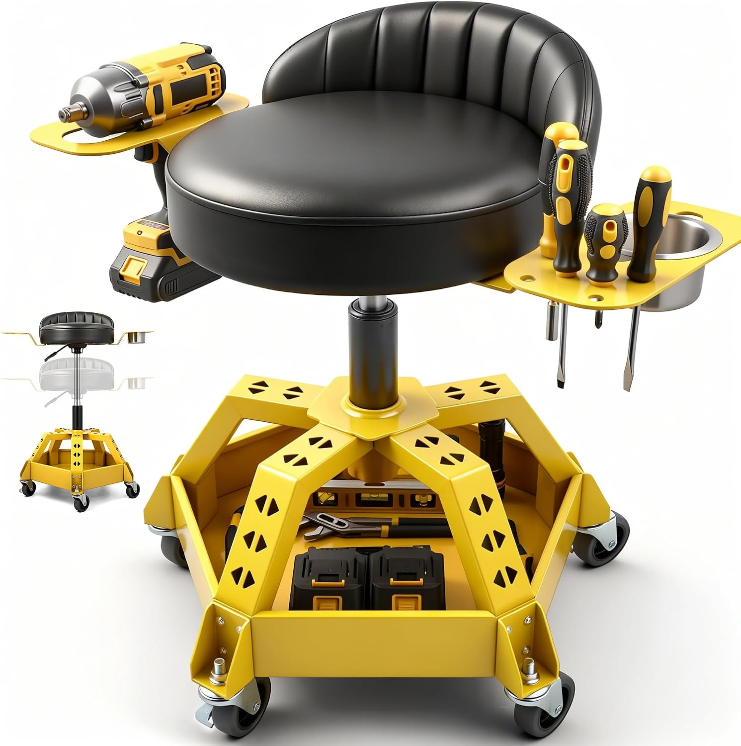 Rolling Shop Stool with Wheels, Garage Mechanic Stool with Backrest, Metal Heavy Duty Roller Mechanic Chair with Tool Tray, 5-Wheel Anti-Tip Design,22"-26" Adjustable Height