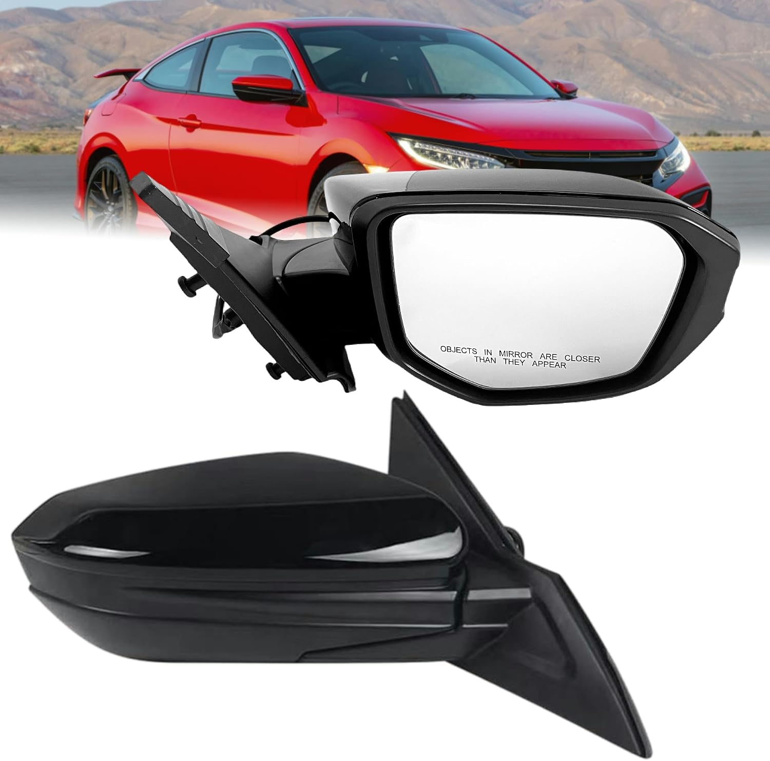 Right Passenger Side Mirror Compatible with Honda Civic 2016-2021 3-Pins Manual Folding Power Adjustment Glass Rear View Door Mirror Black