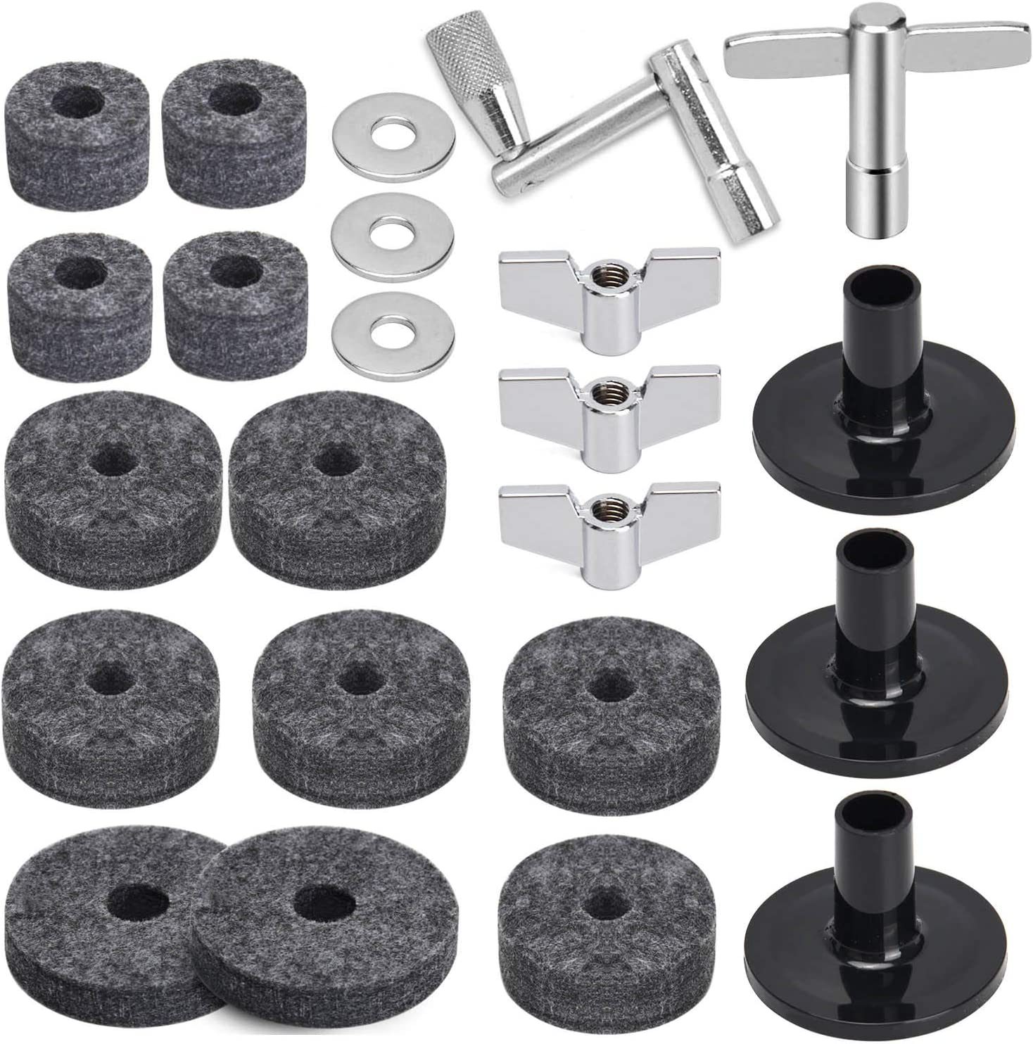 23PCS Cymbal Replacement Accessories, Cymbal Stand Felts, Drum Cymbal Felt Pads Include Wing Nuts, Washers, Cymbal Sleeves & Drum Key - Gray