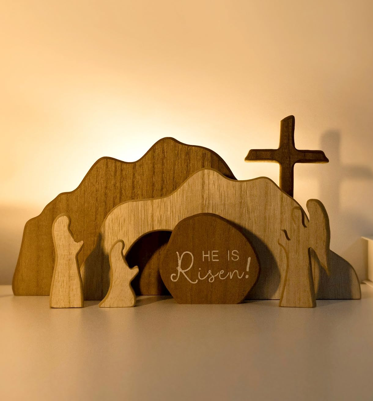 【He Is Risen】Empty Tomb Scene Spring Easter Decorations, Jesus Nativity Resurrection Figurines Set with Wooden Cross for Home, Office, Table, Shelf, Mantle Decor – Christian Catholic Religious Gifts