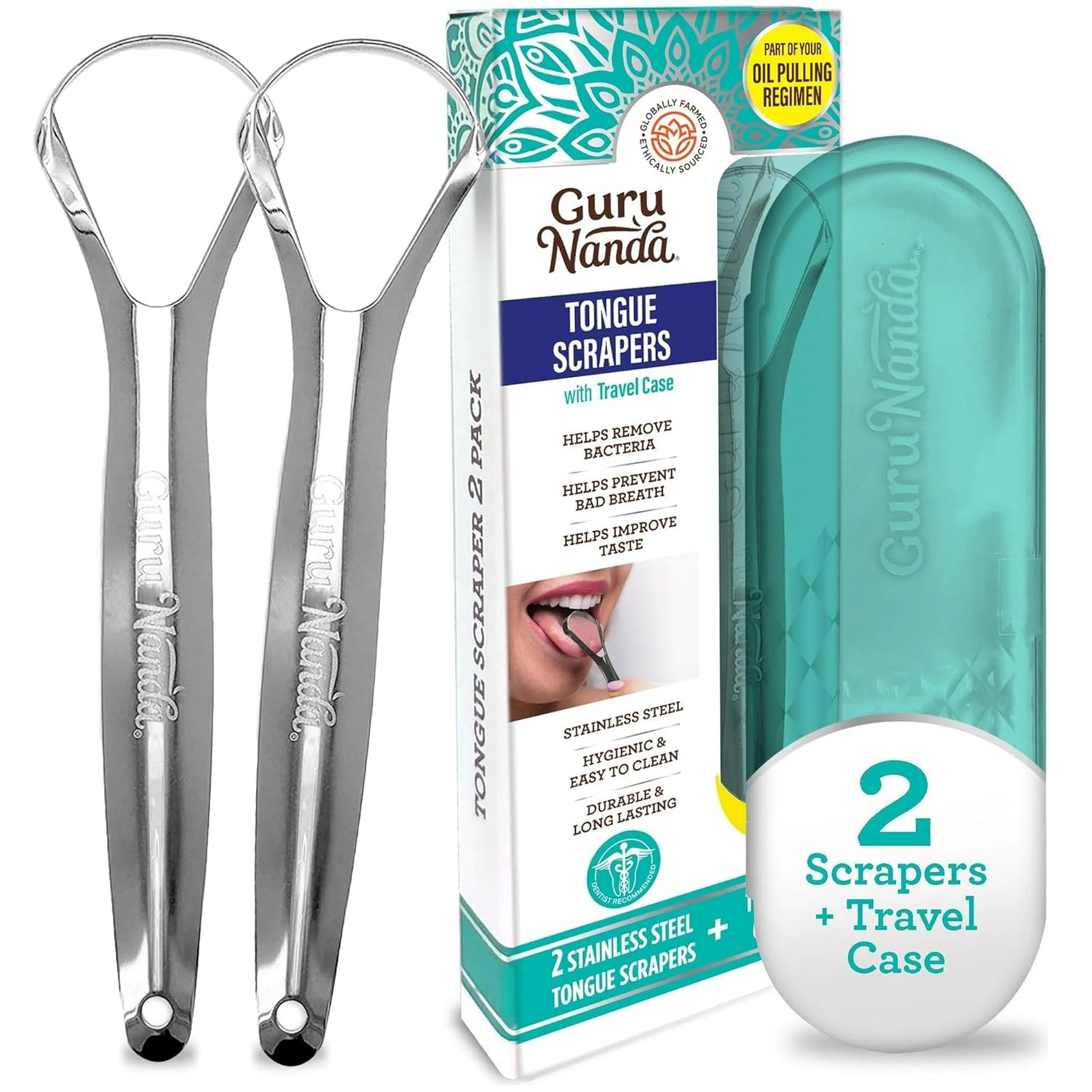 Tongue Scraper for Adults (2 Pack) with Travel Case, 420 Medical-Grade 100% Stainless Steel Tongue Cleaner, Aids in Fresh Breath & Oral Care