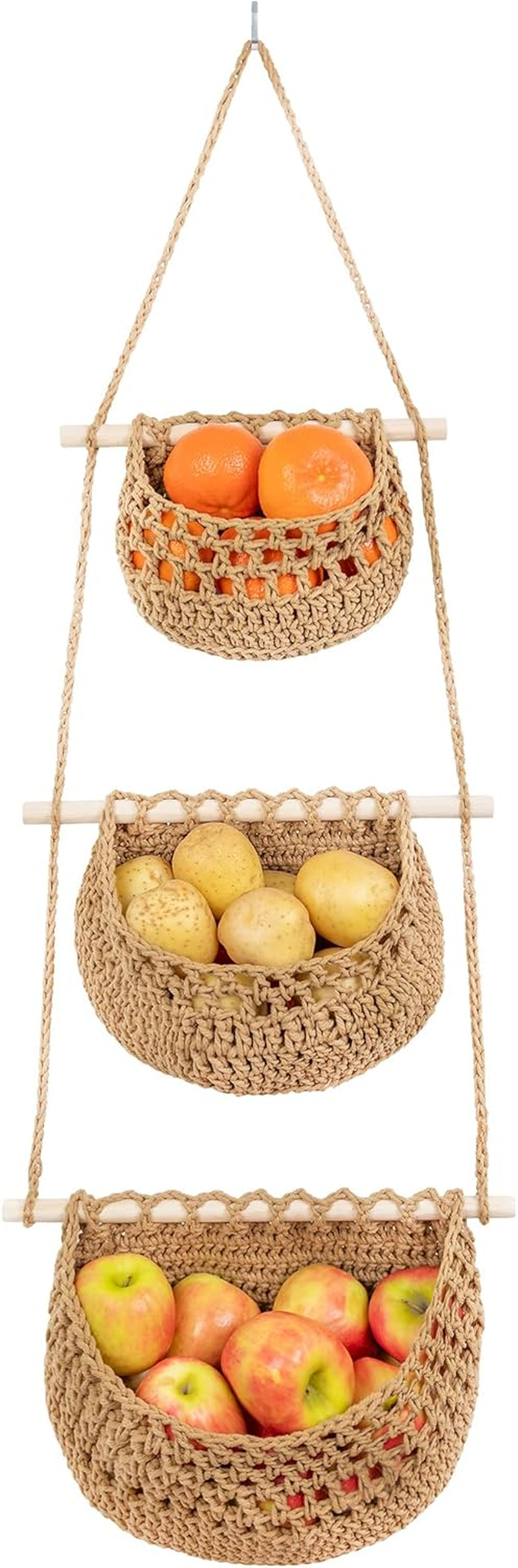 Cotton Hanging Fruit Basket, 3 Tier Woven Wall Basket, Hanging Storage Baskets for Kitchen and Bathroom, Macrame Wall Hanging, Boho Decor over the Door Organizer, Brown