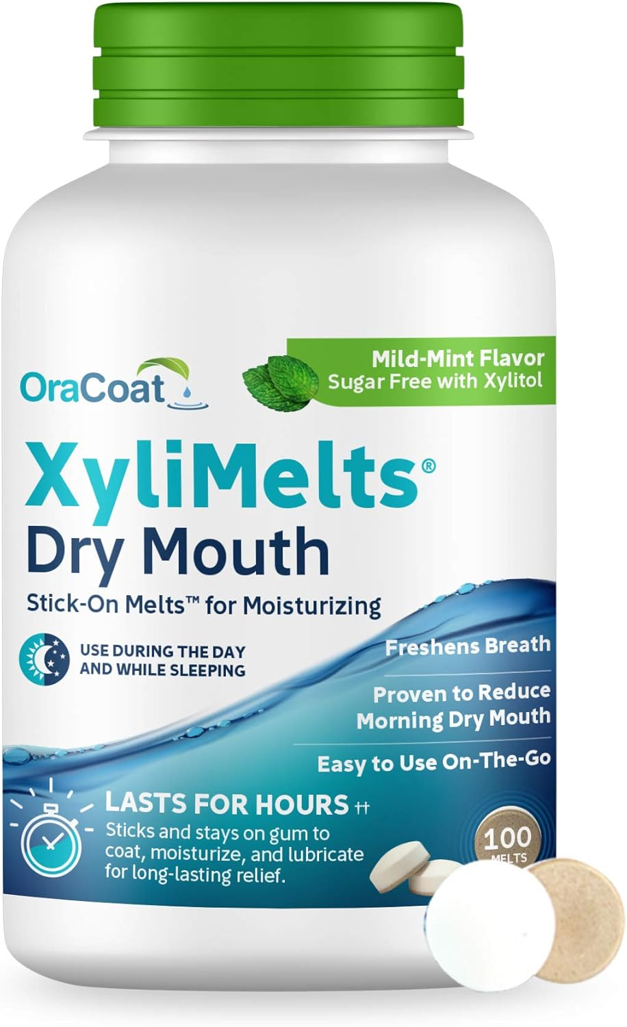 Xylimelts Dry Mouth Discs, Sugar-Free, Mint Flavor, 100 Count, 8-Hour Relief