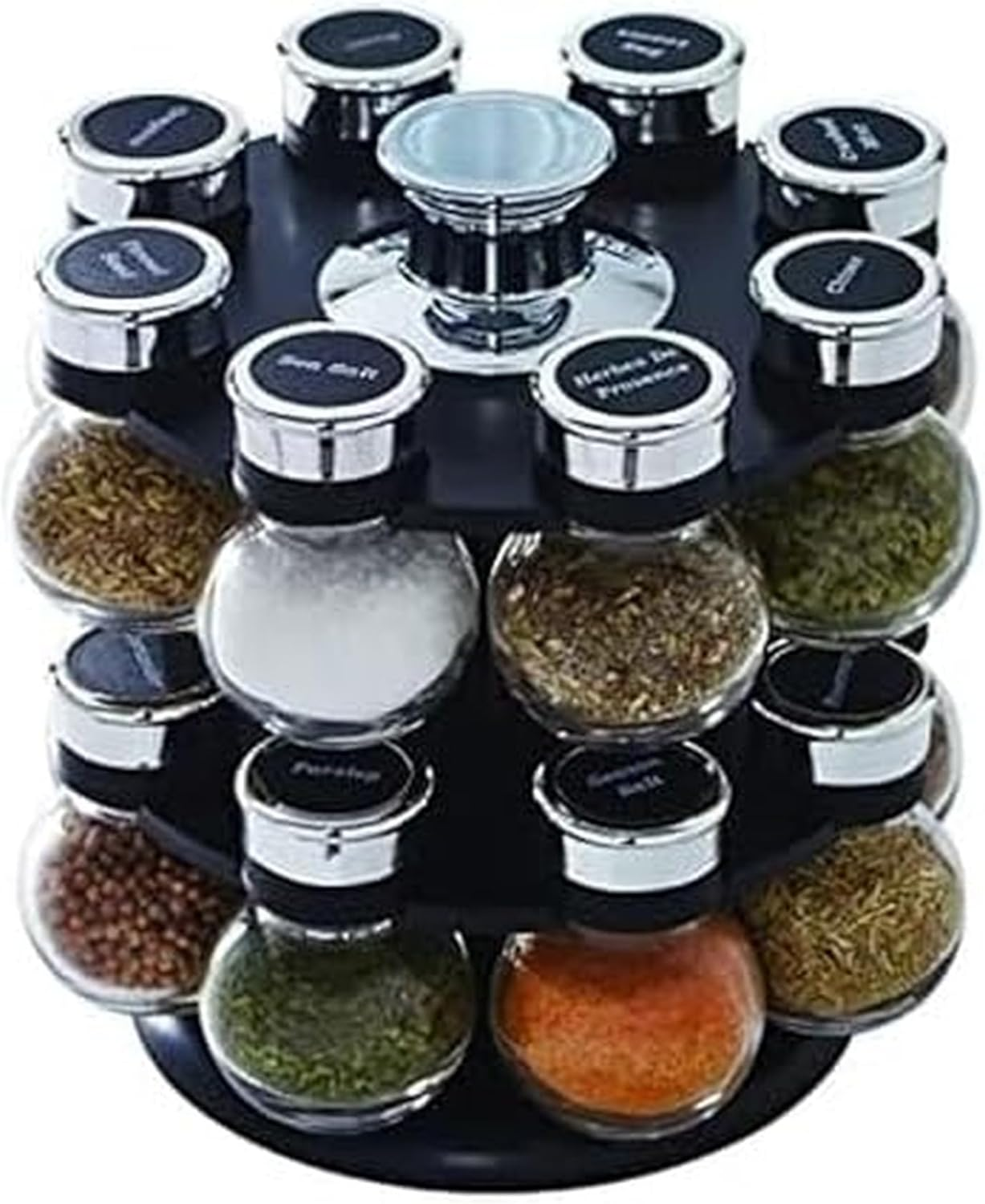16 Jar Ellington Revolving Countertop Spice Rack with Lift & Pour Caps and Spices Included, FREE Spice Refills for 5 Years: Black and Chrome