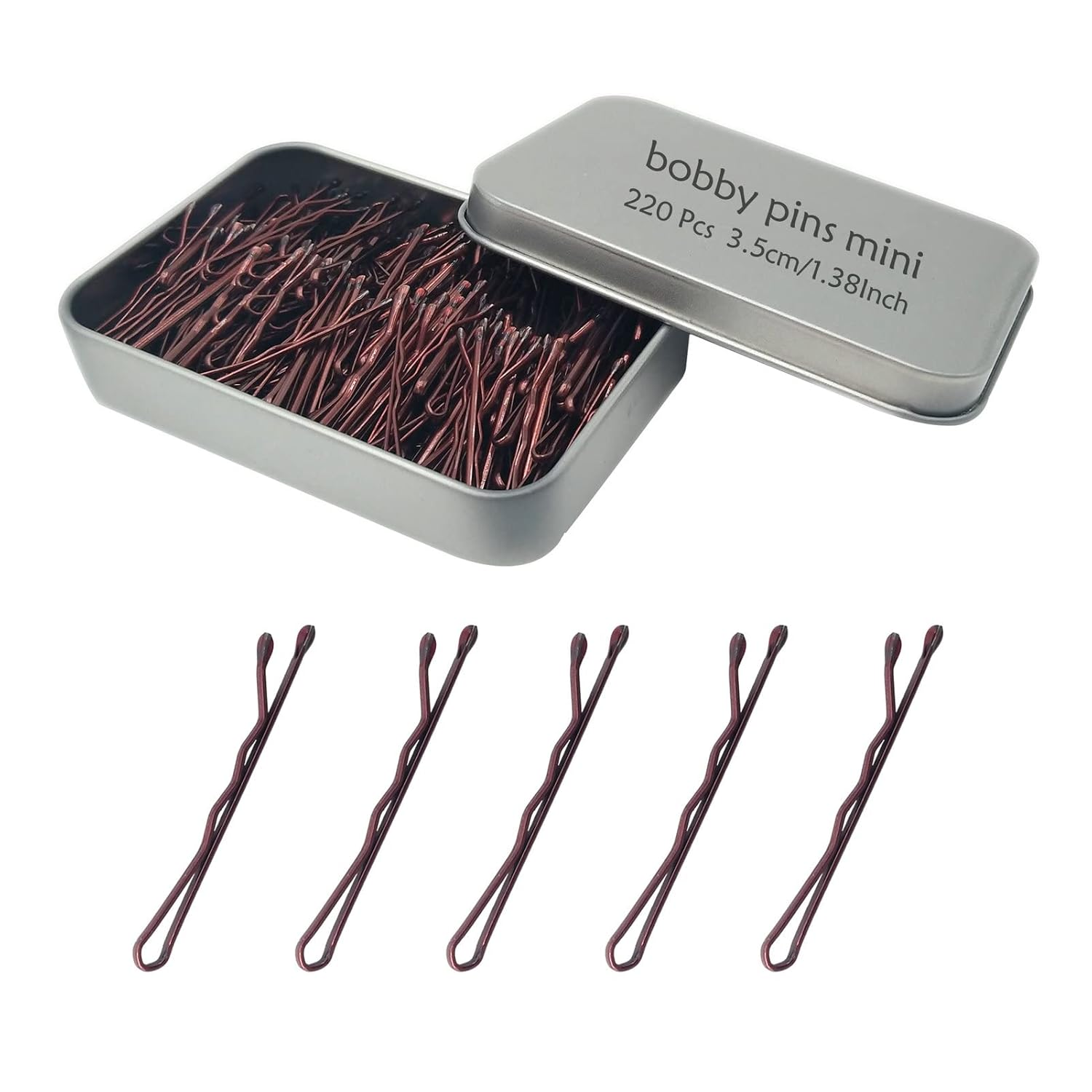 220 Count Mini Wavy 1.38 Inch Bobby Pins Brown, Small Hair Bobby Pins with Storage Box for Updos, Metal Hair Clips for Kids, Girls and Women, Suitable for All Hair Types