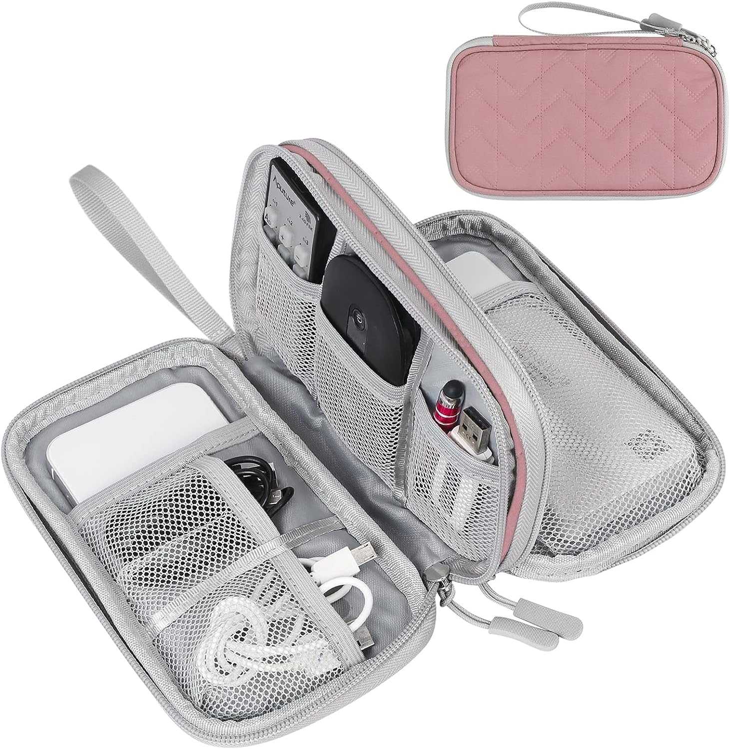 Travel Cable Organizer Bag Pouch Electronic Accessories Carry Case Portable Waterproof Double Layers All-In-One Storage for Cable, Cord, Charger, Phone,-Pattern Pink(M)