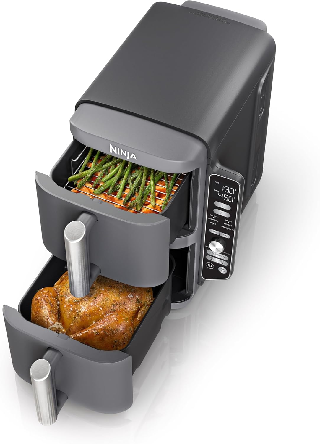 Air Fryer, 10QT Doublestack XL 2-Basket, Compact Design, Cooks 5Lb Whole Chicken, Feeds up to 8 People, 6-In-1 Air Fryer, Roast, Bake & More, Easy to Clean, Dishwasher Safe Parts, Grey, SL401