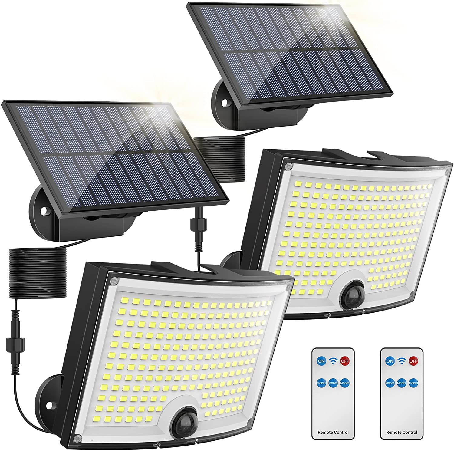 Solar Lights Outdoor 202 LED Motion Sensor Lights IP65 Waterproof 120 Degree Beam Angle Solar Garden Lights 2 Pack with 5M Cable