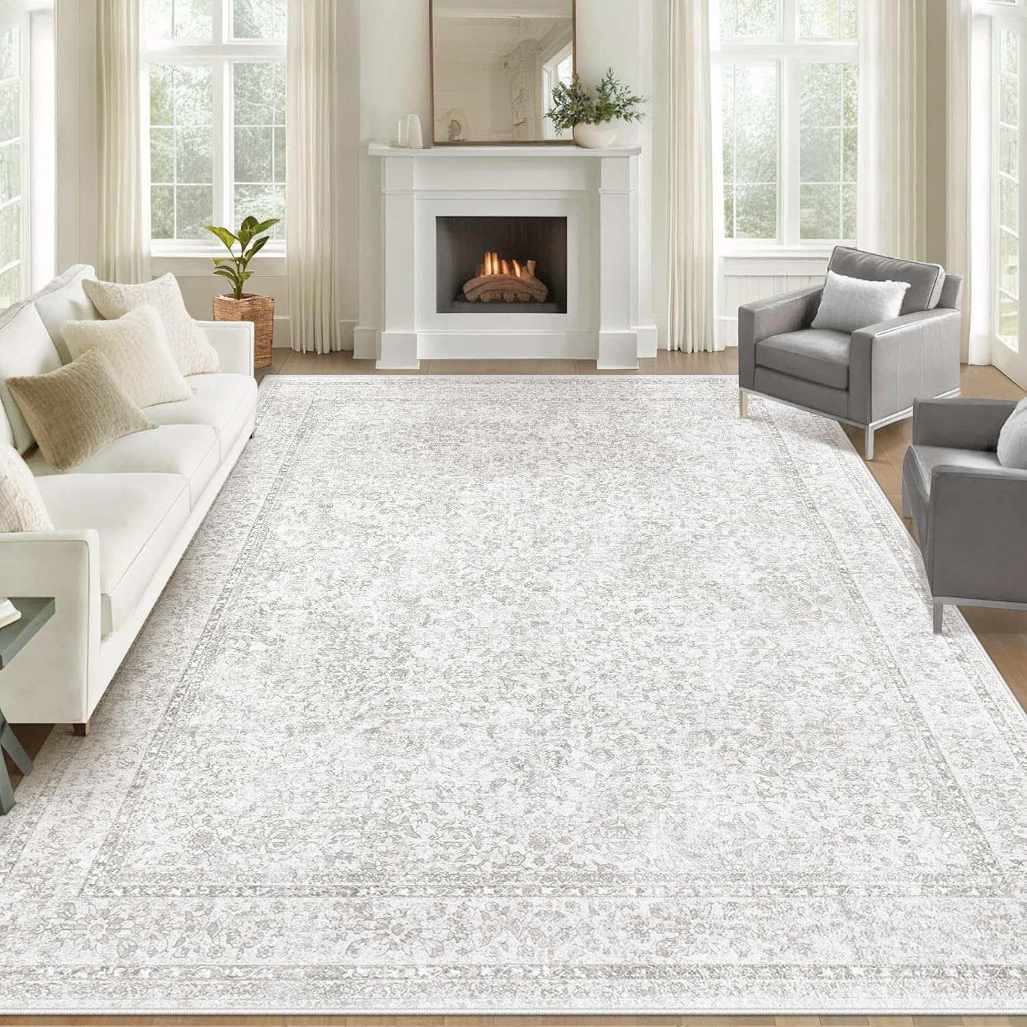 8X10 Area Rugs for Living Room: Washable Large Vintage Floral Rug Low Pile Non-Slip Boho Carpet for Bedroom Home Office Dining Room (Floral Grey, 8'X10')