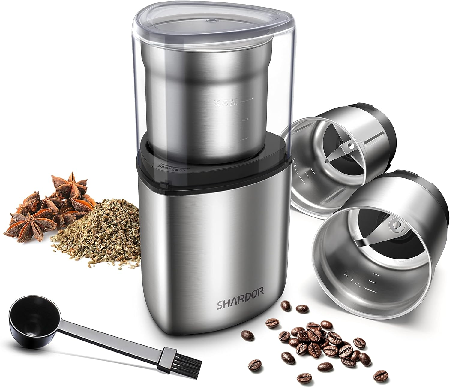 Coffee Grinder Electric Herb/Wet Grinder for Spices and Seeds with 2 Removable Stainless Steel Bowls, Silver