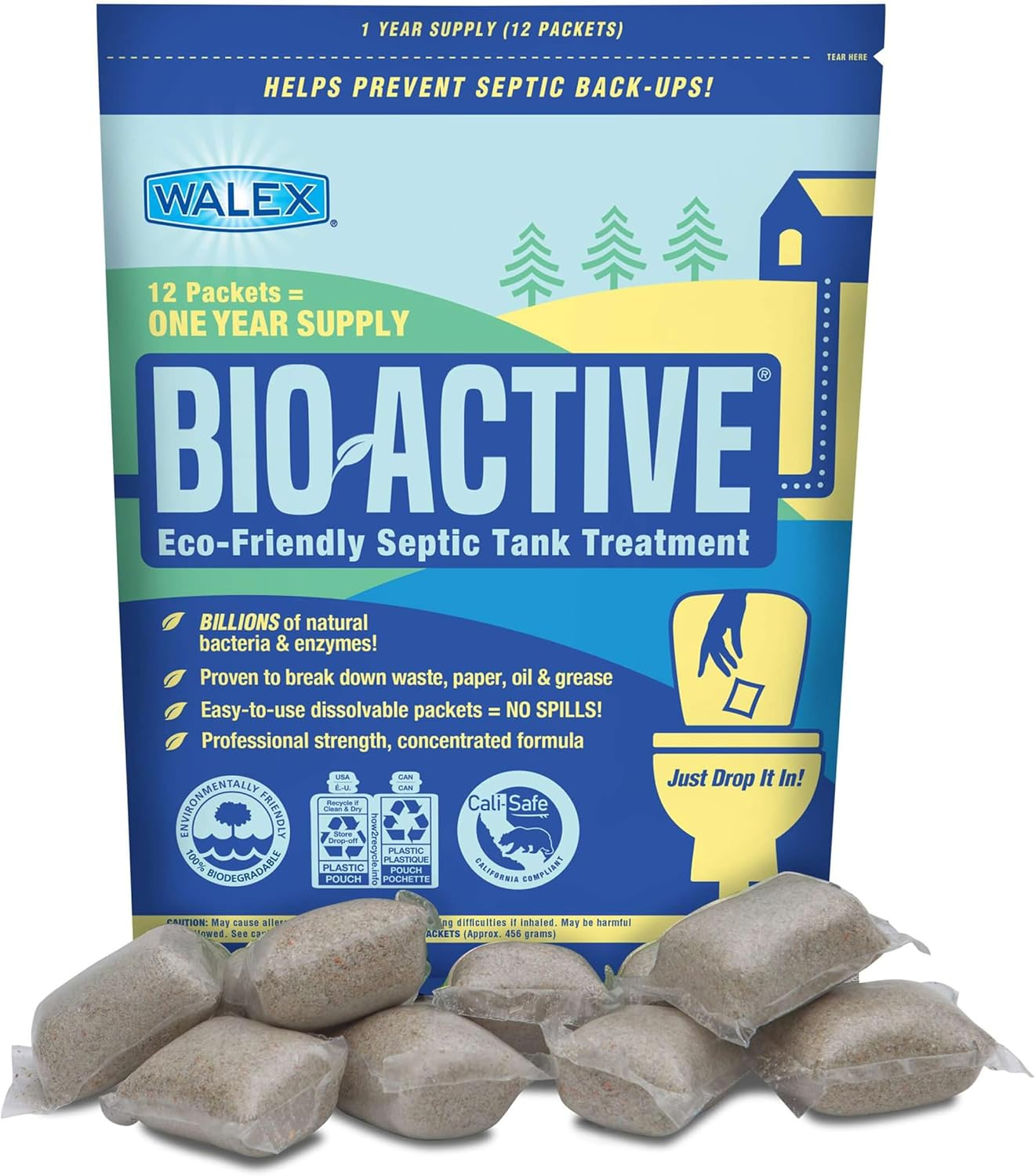 Bio-Active Home Septic Tank Treatment - Strong Digestive Power with Beneficial Bacteria & Enzymes for Liquefying Solids & Breaking down Waste, Odor Neutralizer -1 Year Supply, 12 Packets