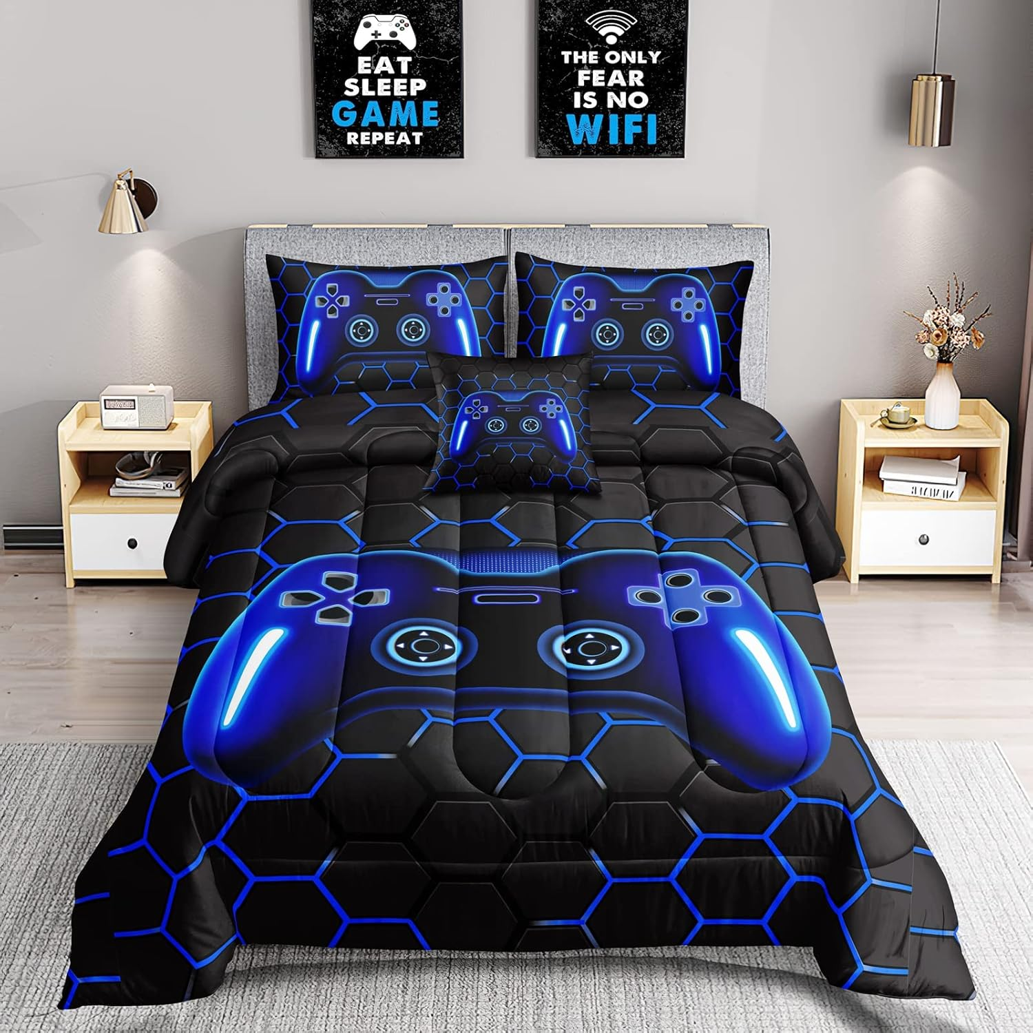 6 Pieces Bed in a Bag Gamer Bedding Set for Boys Kids Adult Gaming Comforters Set,Boys Bed in a Bag Set Queen Size Comforter with Fitted Sheet Flat Sheet Pillowcase Pillowsham,Djth5025Queen