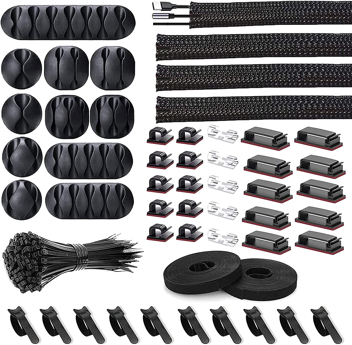 [152 Pcs] Cord Management Organizer Kit, 4 Split Cable Sleeve, 36 Self Adhesive Cable Clips Holder 10 Pcs, 2 Rolls of Self Adhesive Ties, 100 Fastening Zip Cable Ties (Black)