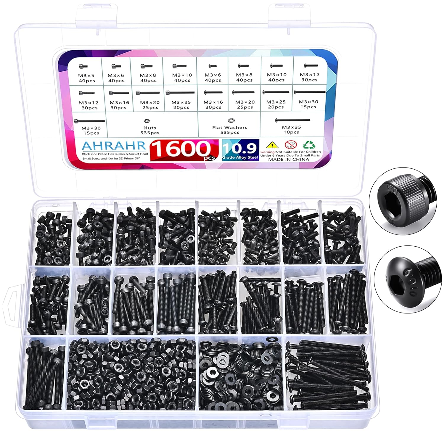1600Pcs M3 Screw Kit, 12.9 Grade Alloy Steel Hex Socket Button & Cap Head Metric Screw Assortment M3 Bolts and Nuts Washers Kit Black Small Machine Screw Set for 3D Printing