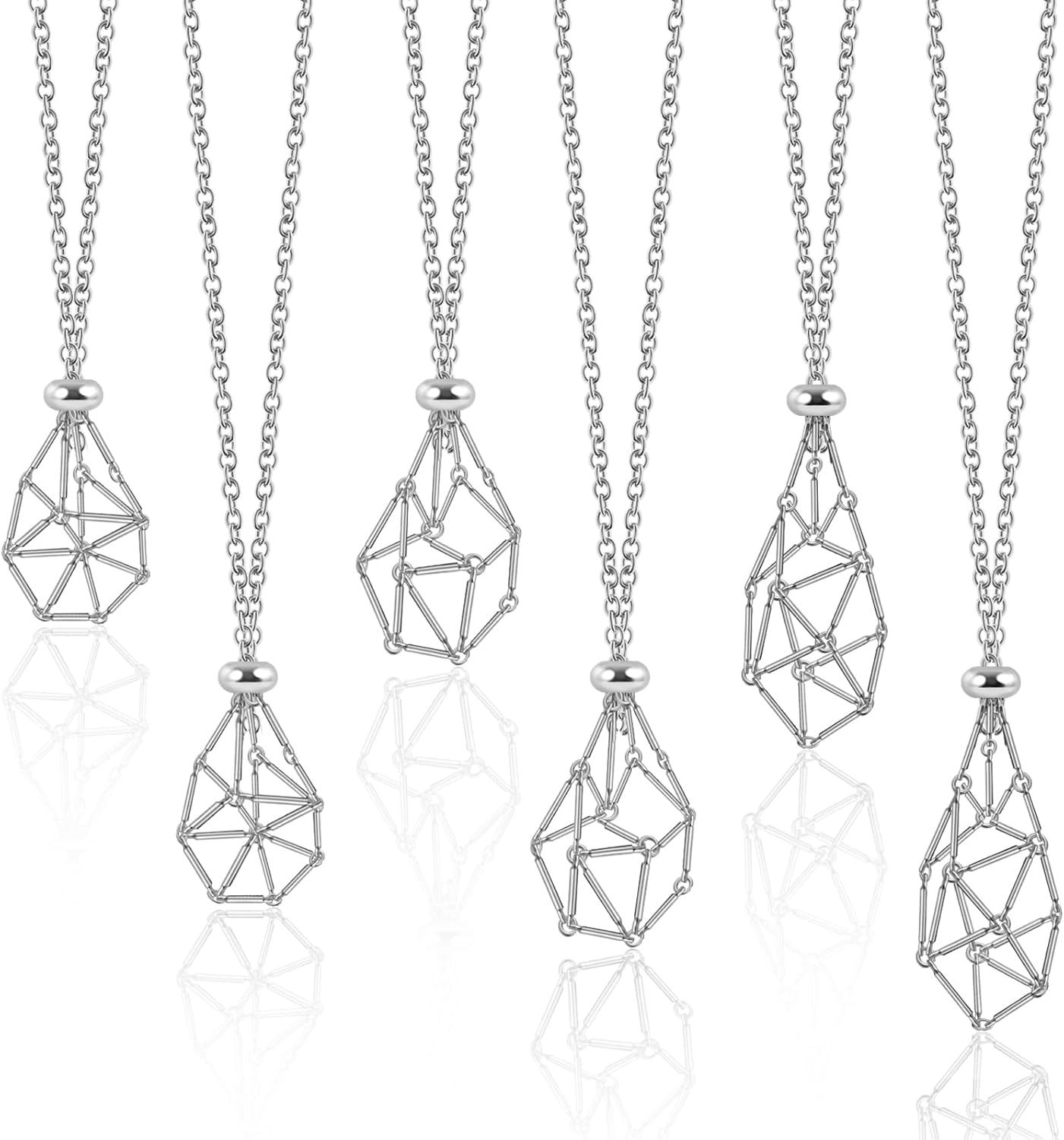 6 Pcs Adjustable Crystal Stone Holder Necklace Empty Stone Holder Necklace Pendant Chain with Stainless Steel Cage for DIY Jewelry (Silver)