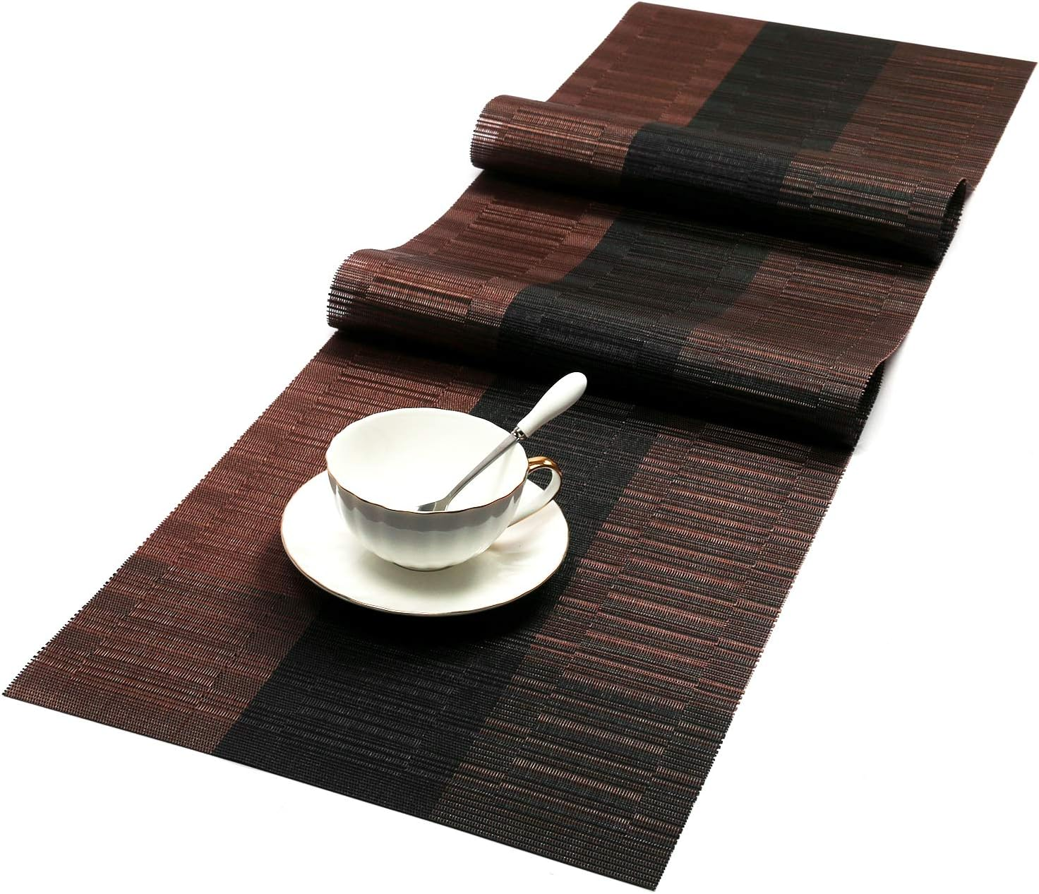 SHACOS Table Runners Woven Vinyl Table Mats 12X54 Inch for Kitchen Dining Table Non Slip Washable, Ombre Coffee Black