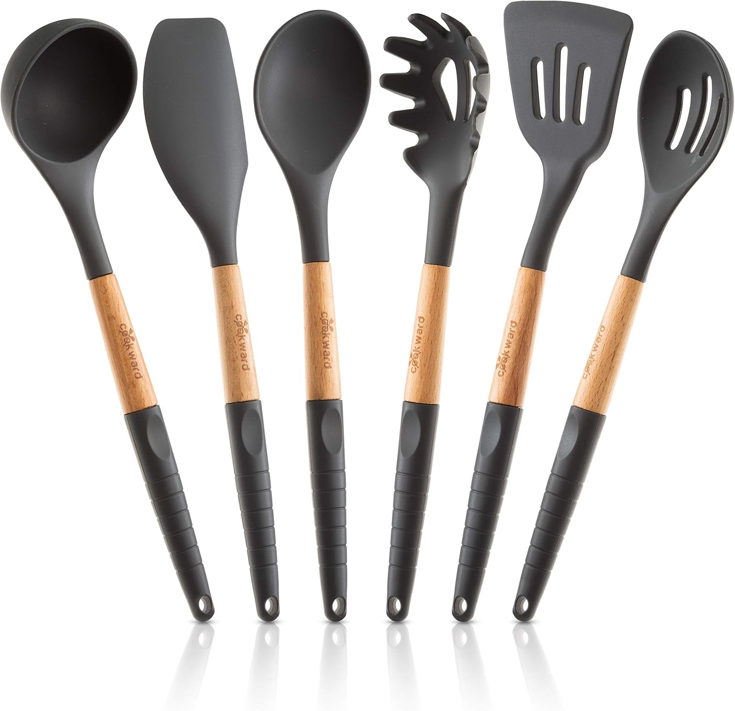 Silicone Cooking Utensils Set (6 Pcs) Natural Wood Kitchen Utensils – Eco Friendly & BPA Free, Non-Scratch & Non-Stick Easy Grip -Black