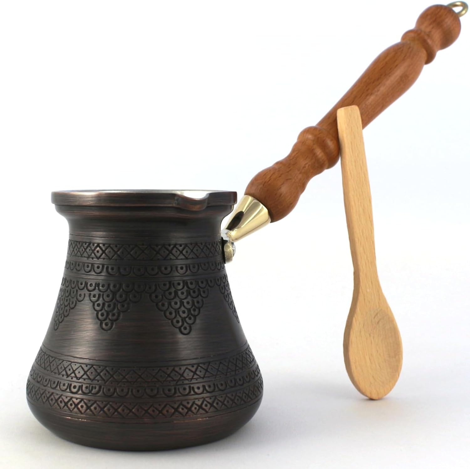 Thick Solid Copper Turkish Coffee Pot with Wooden Handle - 14 Fl. Oz Antique Cezve