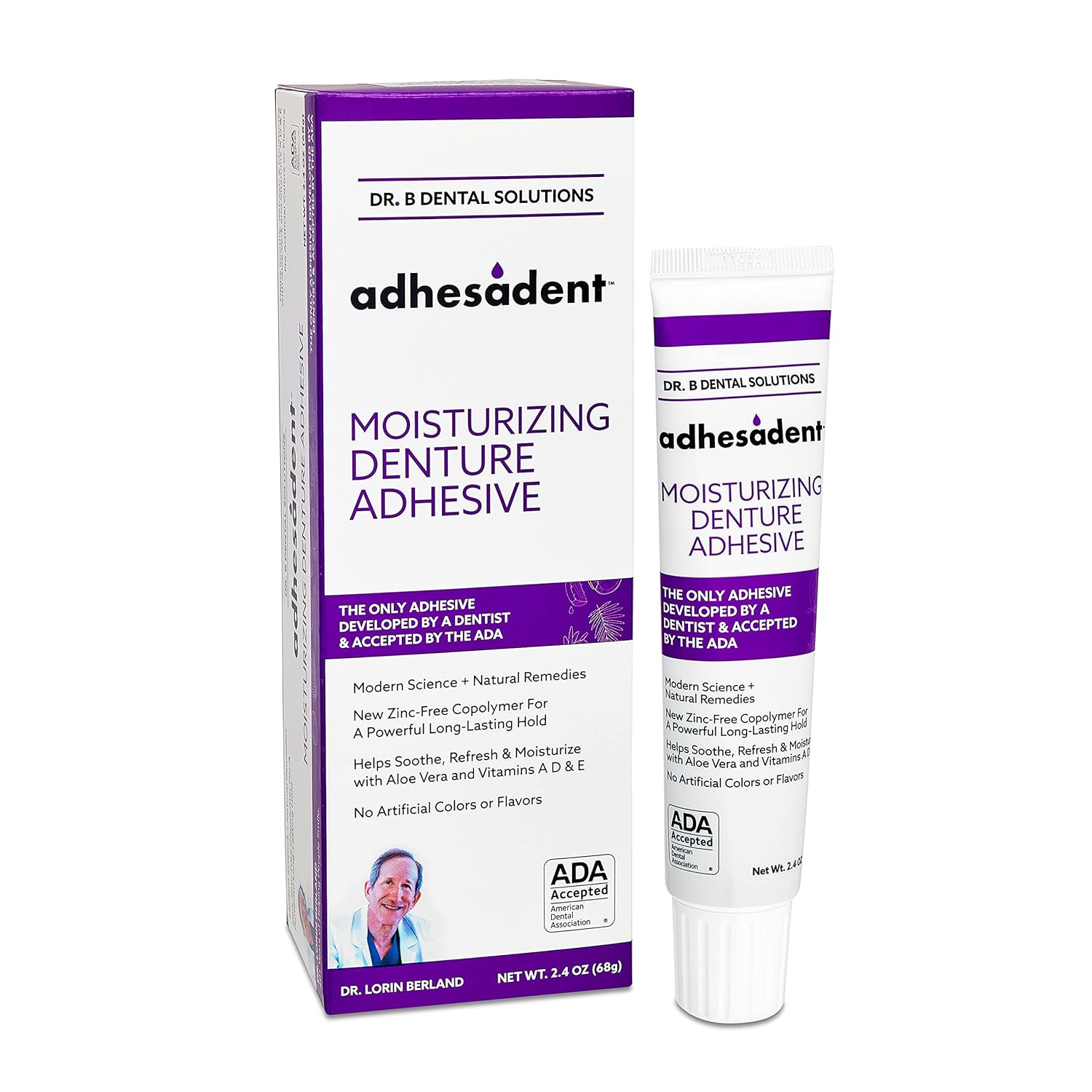 Dr. B Dental Solutions Adhesadent Moisturizing Denture Adhesive - Secure Denture Glue with Strong Grip & Natural Taste - Zinc-Free Dental Adhesive for Dentures, Overdentures - 2.4 Oz