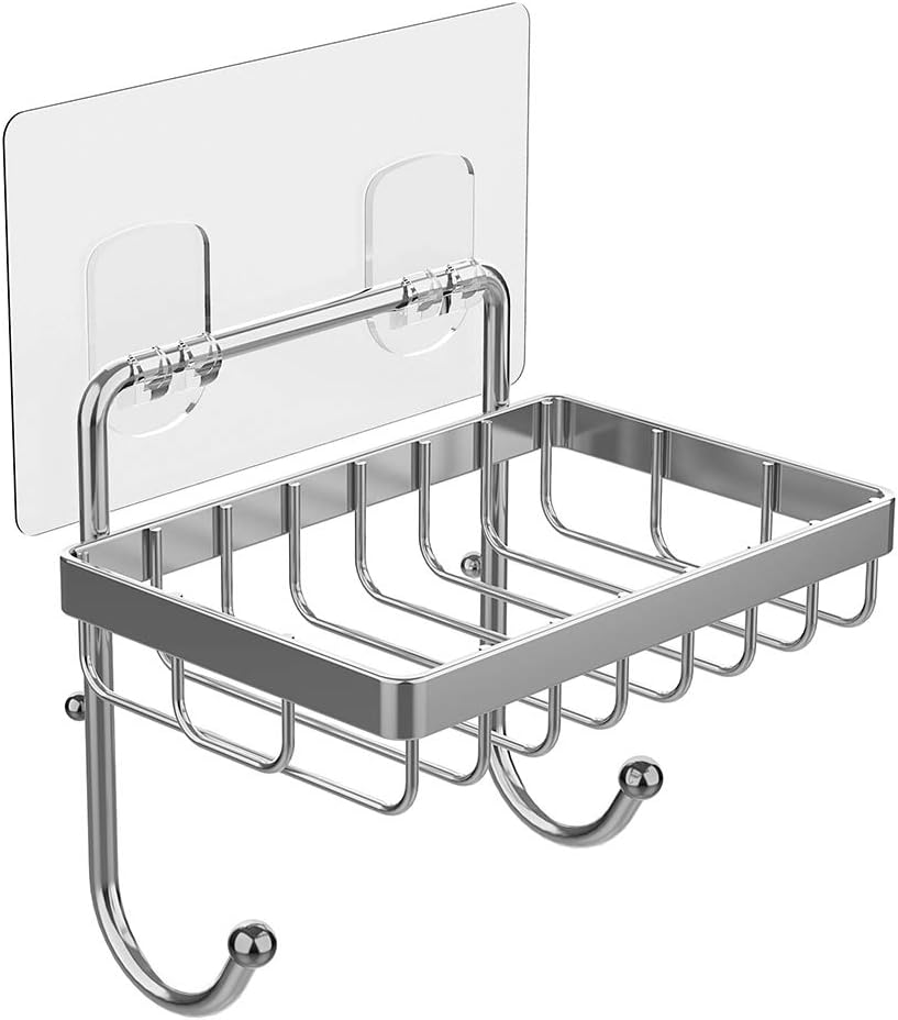 Soap Dish Sponge Holder with Hook for Bathroom Shower Kitchen Wall Mounted Rustproof Stainless Steel