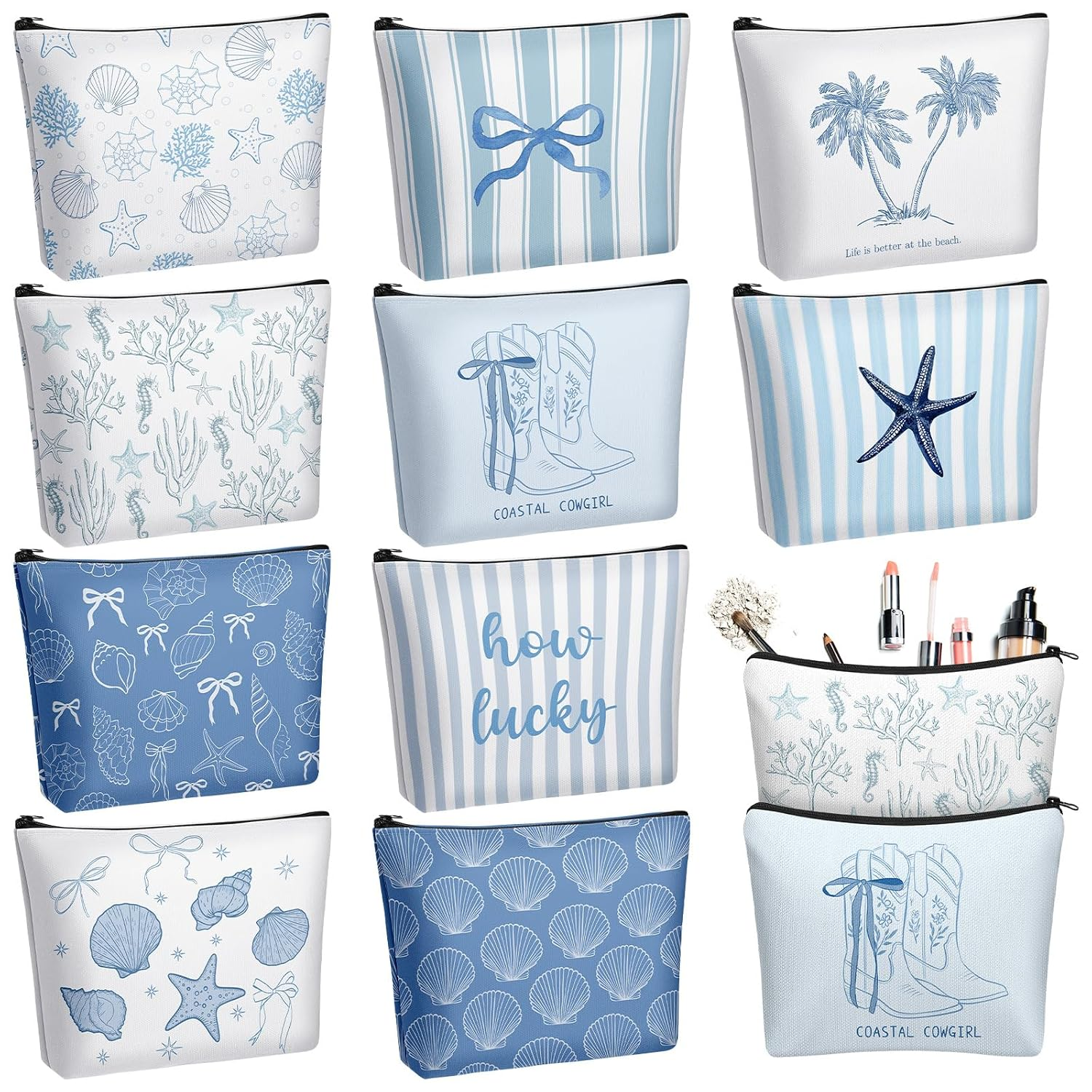 Set of 10 Ocean-Inspired Zipper Pouch Makeup Bags for Cosmetics