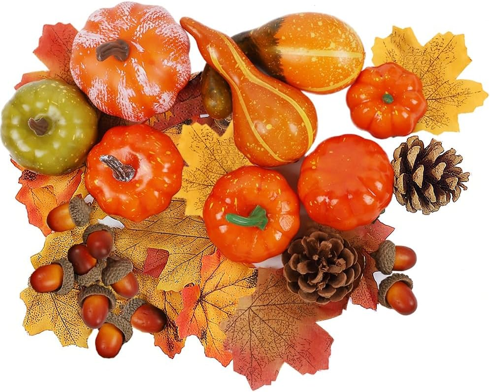 Thanksgiving Fall Decorations for Home-6pcs Mini Pumpkins & 2pcs Gourds, 30pcs Leaves & 10pcs Acorns, 2pcs Pinecones Centerpiece Set-Harvest Decor for Table Mantel (Largest: 4.5