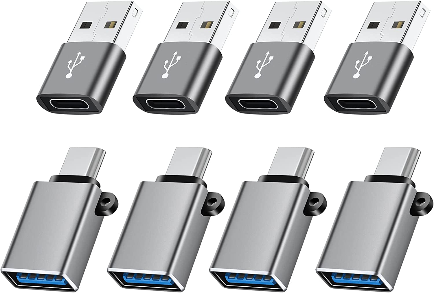 USB to USB C Adapter 8 Pack,USB Type C Adapter,USBC USBA Male Female OTG Converter Adaptor,Charger Cable Connector for iPhone 16 15 14 13,MacBook Pro,iPad,iMac,Grey
