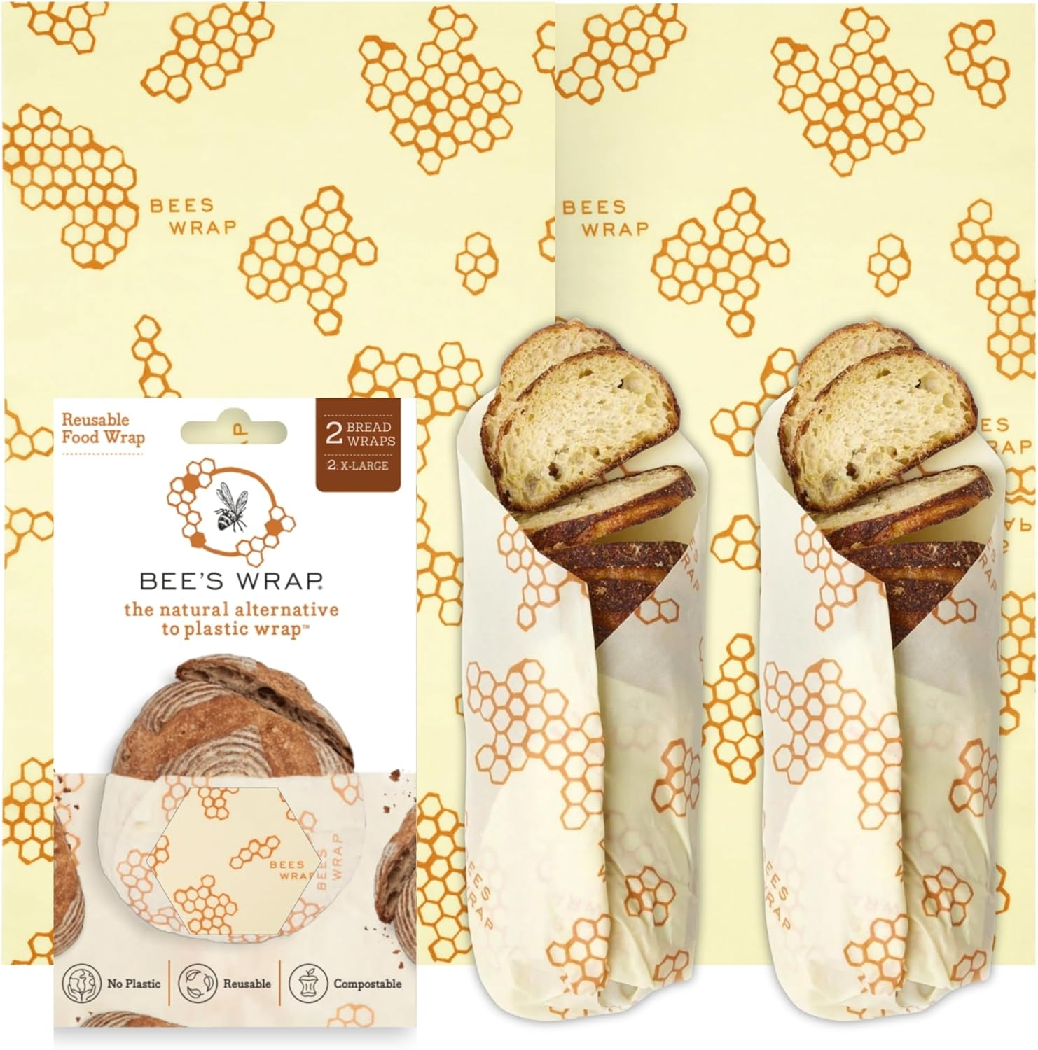 Beeswax Wraps for Bread - 2 Pack Beeswax Bread Wrap for Sourdough & Bread Storage - Plastic Free Made in USA Reusable Natural Food Wrap - & Honeycomb