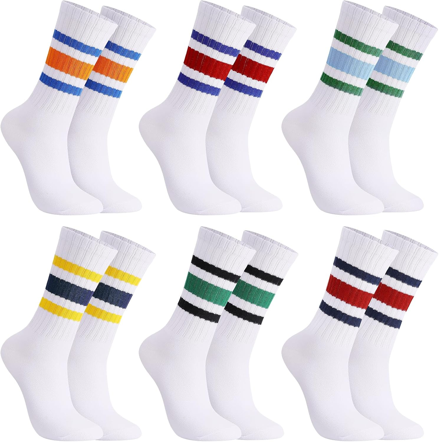 6 Pairs Crew Sport Socks Women Striped Crew Retro Athletic Socks Casual Cotton Stretchy Sock Unisex Multicolor