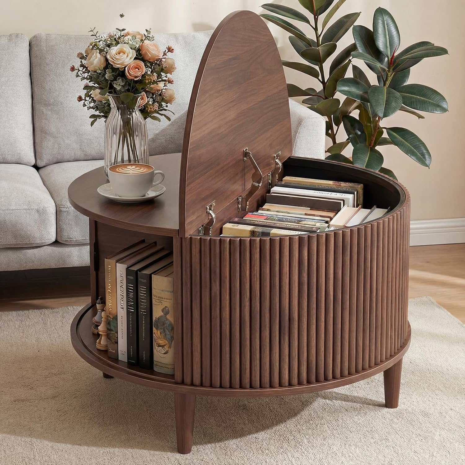 Coffee Table, round Coffee Tables with Storage, Fluted Center Table for Living Room, 31.69