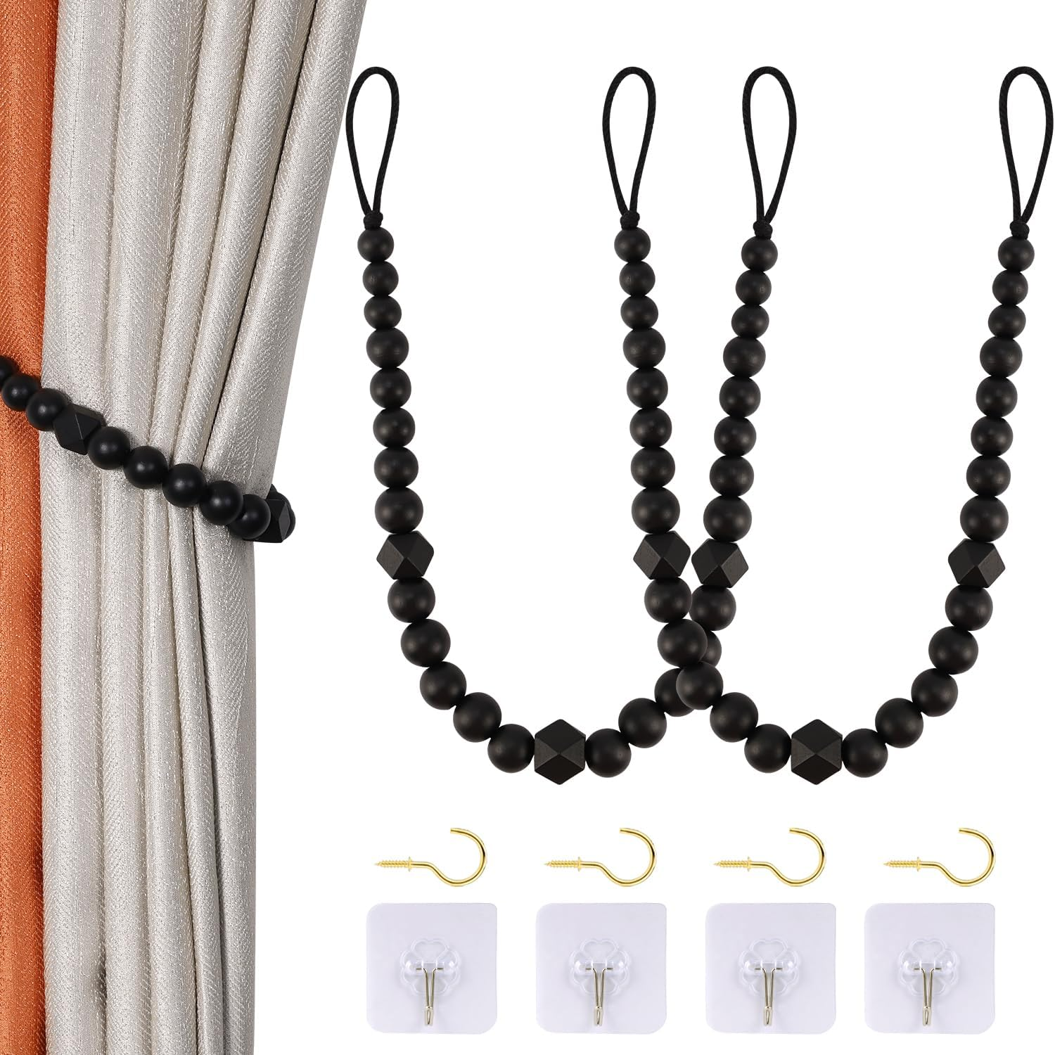 Wood Bead Curtain Tiebacks,  Set of 2 Curtain Holdbacks for Thin or Thick Window Draperies, Boho Farmhouse Curtain Tiebacks with Hooks, Curtain Tie Backs for Home Office Room Decor