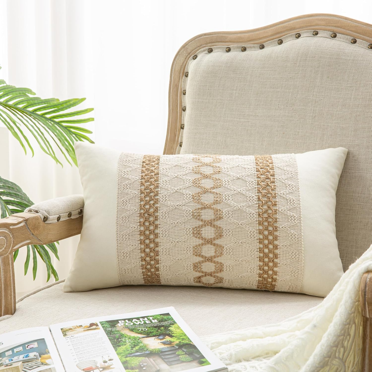 Lumbar Throw Pillow Covers 12 x 20 Inch 1PC for Farmhouse Living Room, Cotton & Burlap Textured Striped Woven Boho Pillow Covers (Beige & Brown, Triple Striped)