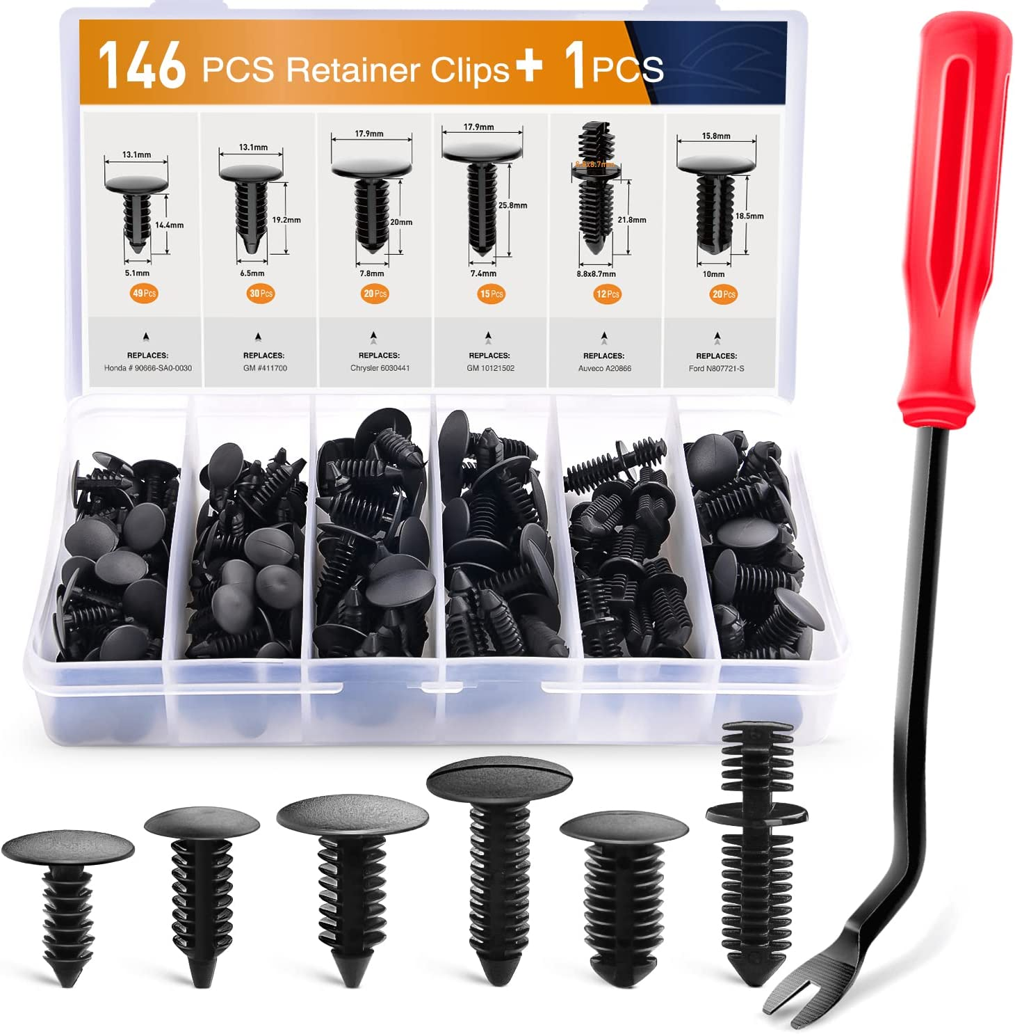 146PCS Nylon Bumper Shield Retainer & Double End Xmas Tree Retainers Clips Universal Auto Body Shield Retainer Fastener Clip Assortment- Bonus Fastener Remover