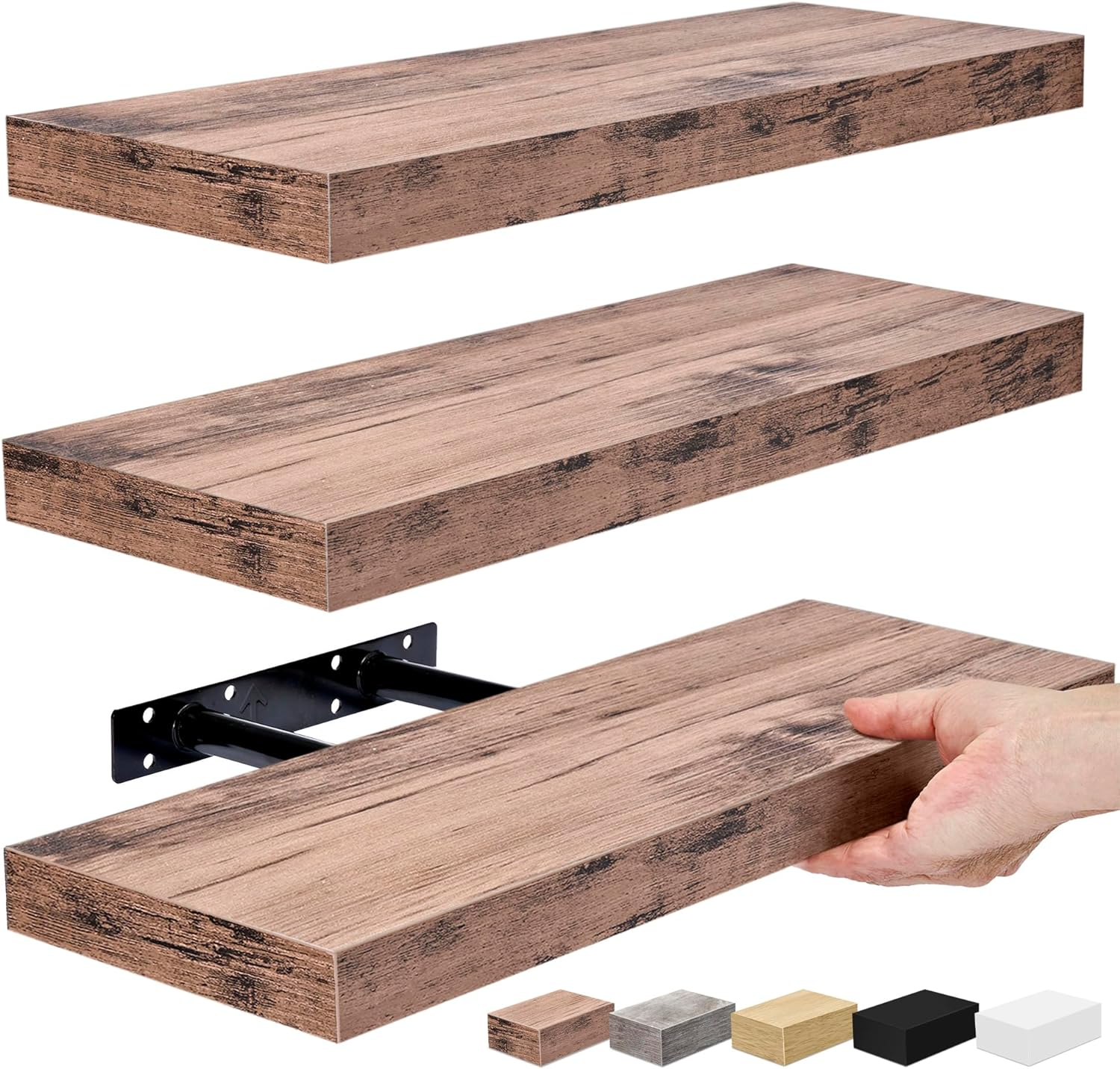 Floating Shelves for Wall - Set of 3 Rustic Wood Wall Shelves for Living Room, Kitchen, Bedroom, Bathroom Storage - 16