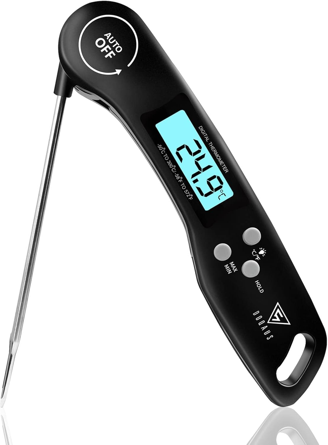 Digital Meat Thermometer, Instant Read Food Thermometer with Backlight LCD Screen, Foldable Long Probe & Auto On/Off, Perfect for Kitchen, BBQ, Water, Meat, Milk, Cooking Food (Black)