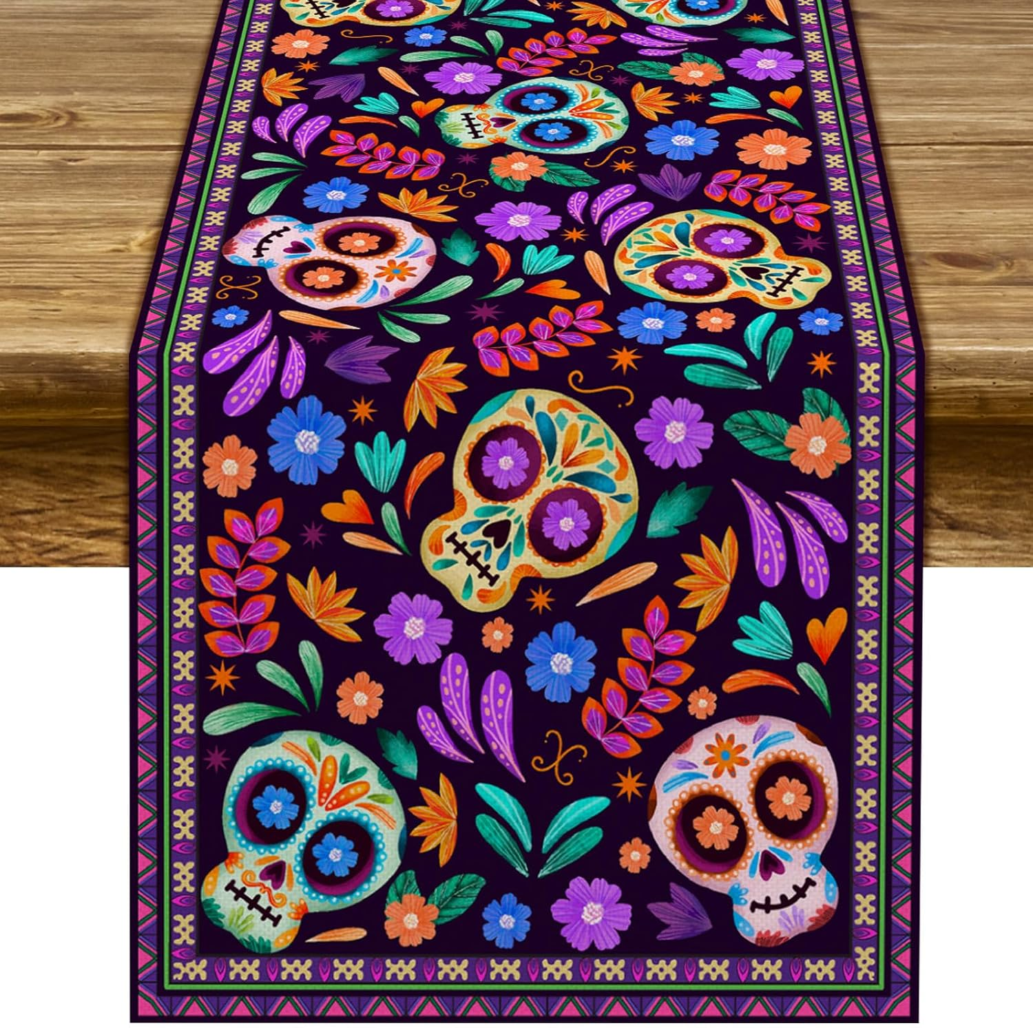 Dia De Los Muertos Table Runner Cinco De Mayo Rustic Linen Mexican Sugar Skull Day of the Dead Altar Decoration for Home Kitchen Dining Room (13