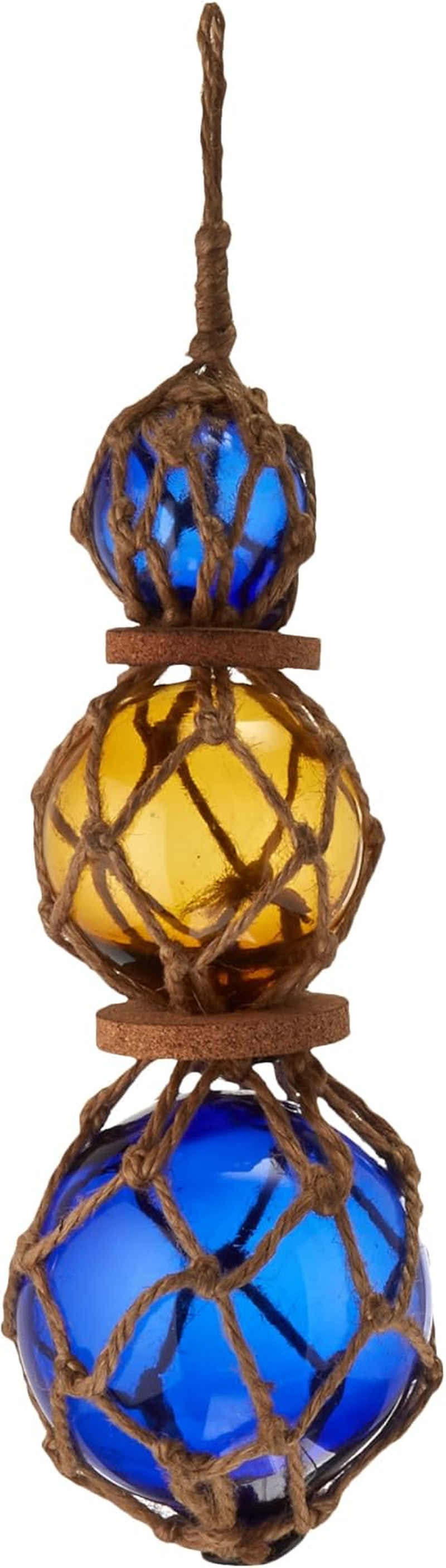 3Xglass-101 Amber-Blue Japanese Ball Fishing Floats with Brown Netting Decoration 11
