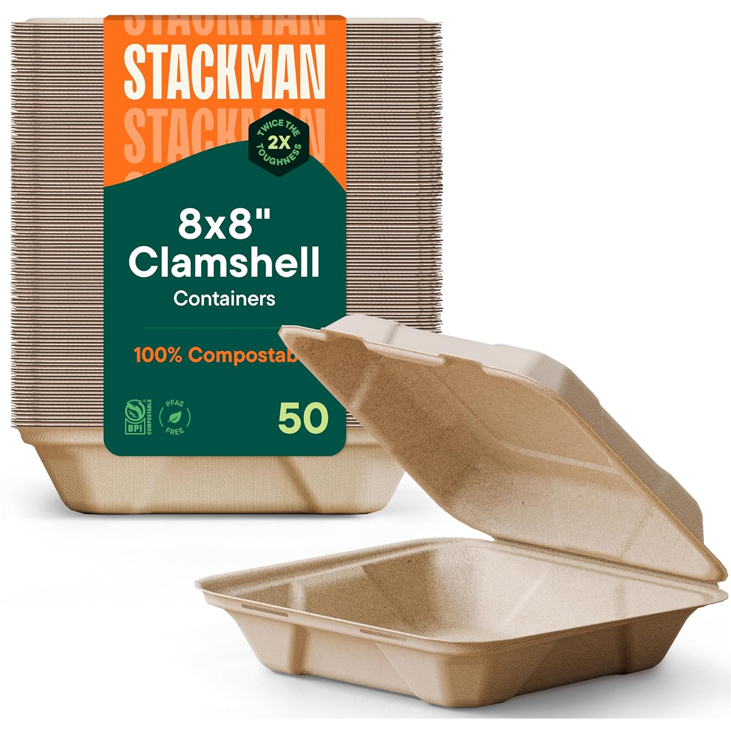 100% Compostable Clamshell Take Out  Containers [8X8