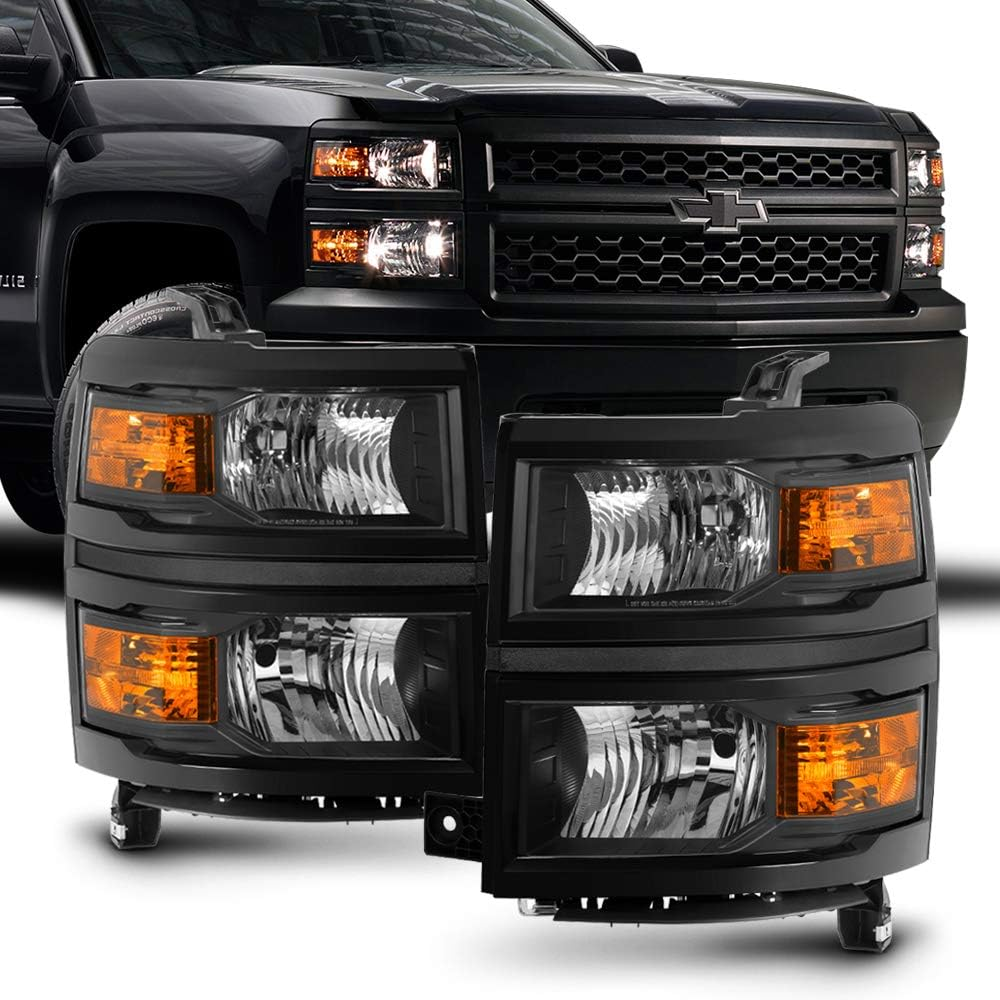 - for 2014-2015 Chevy Silverado 1500 Pickup Truck Black Housing Headlights Headlamps Pair Set Driver & Passenger