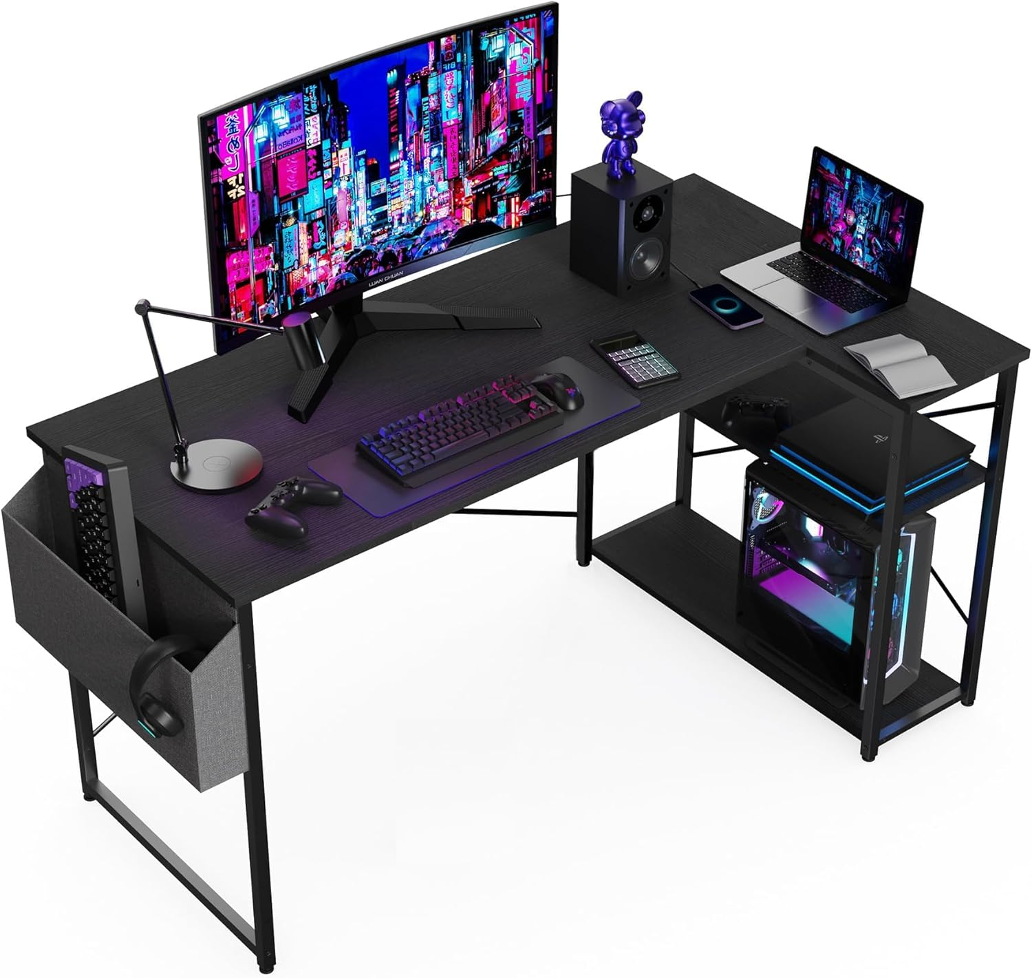 L Shaped Gaming Desk, 100X70 Cm Computer Desk with Storage Bag, Office Desk Small Writing Table with Large Reversible Storage Shelves, Workstation for Study Play Work Home Office, Black