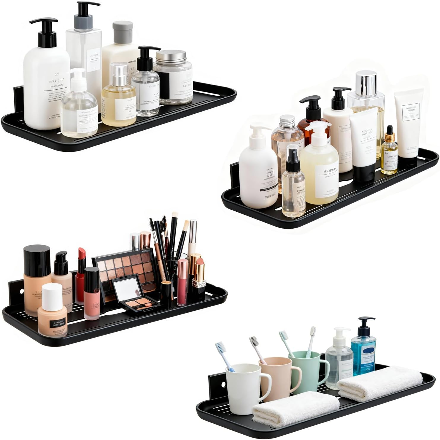 Wall Mounted Floating Shelf, Self Adhesive Shelf, No Drill Adhesive Wall Shelf, Floating Shelves Damage-Free Expand Walls Space for Living Room Kitchen Bathroom (4, Black)