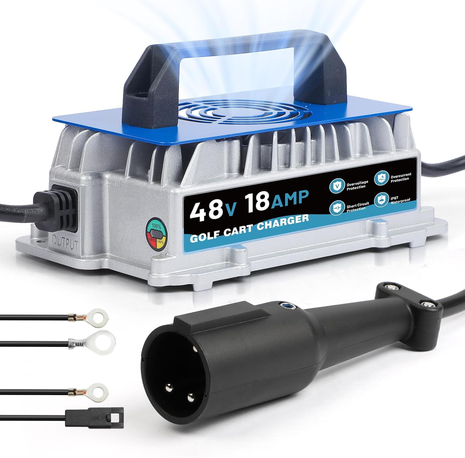 18 AMP 48 Volt Golf Cart Charger for Club Car 1250W Smart Trickle Charge & IP67 Waterproof, 4-6 Hours Full Charge Club Car Charger with 3-Pin round Plug, 16FT Cable for Lead Acid Batteries